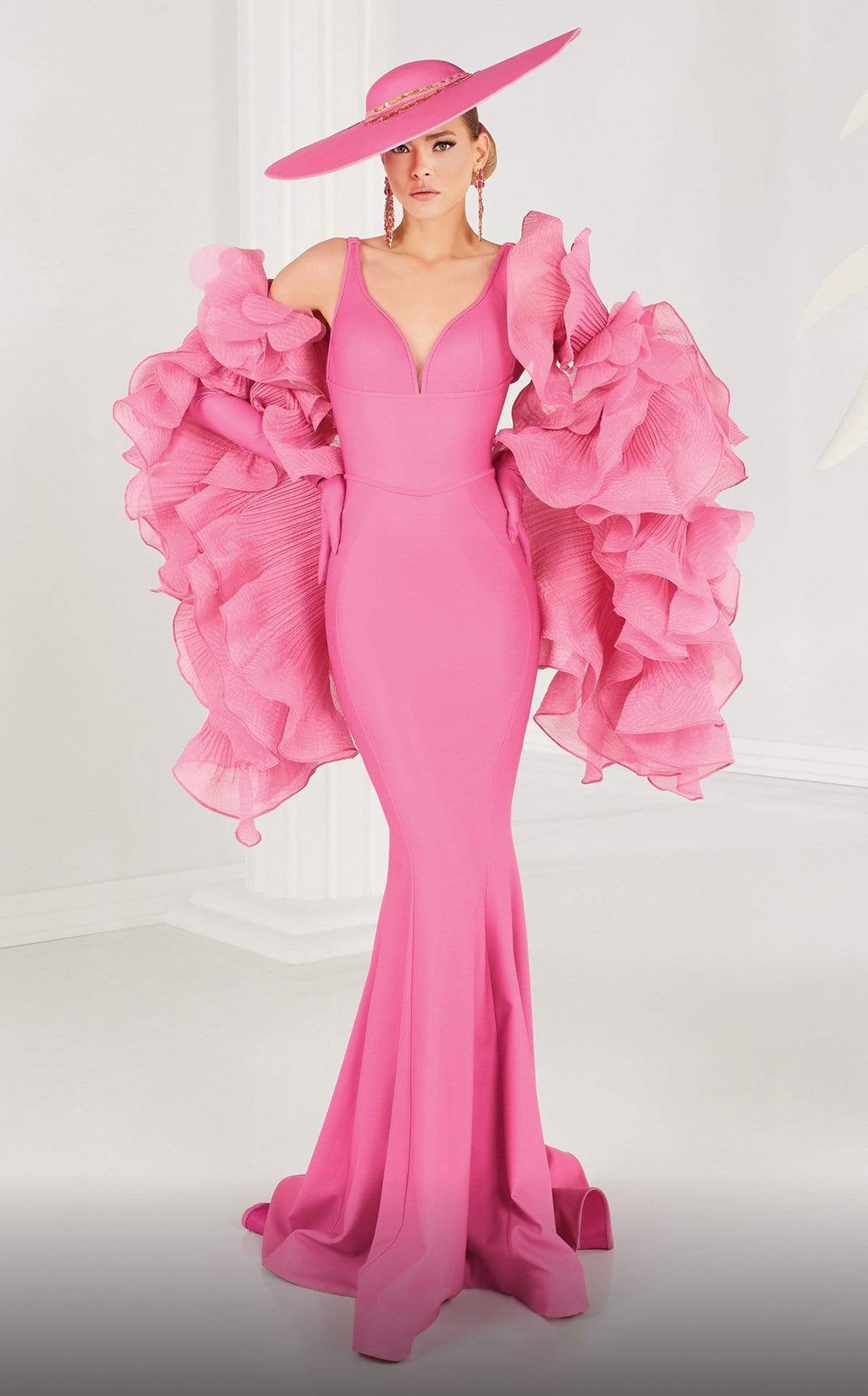 Image of MNM Couture - 2575 Deep V-neck Trumpet Dress With Ruffled Shawl