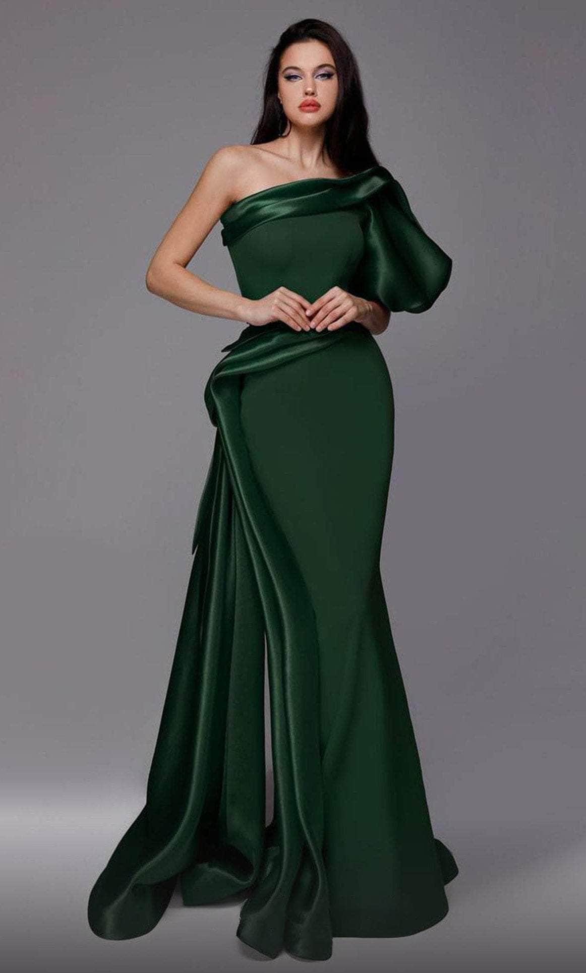 Image of MNM Couture 2722 - Puffed Sleeve Asymmetric Evening Gown