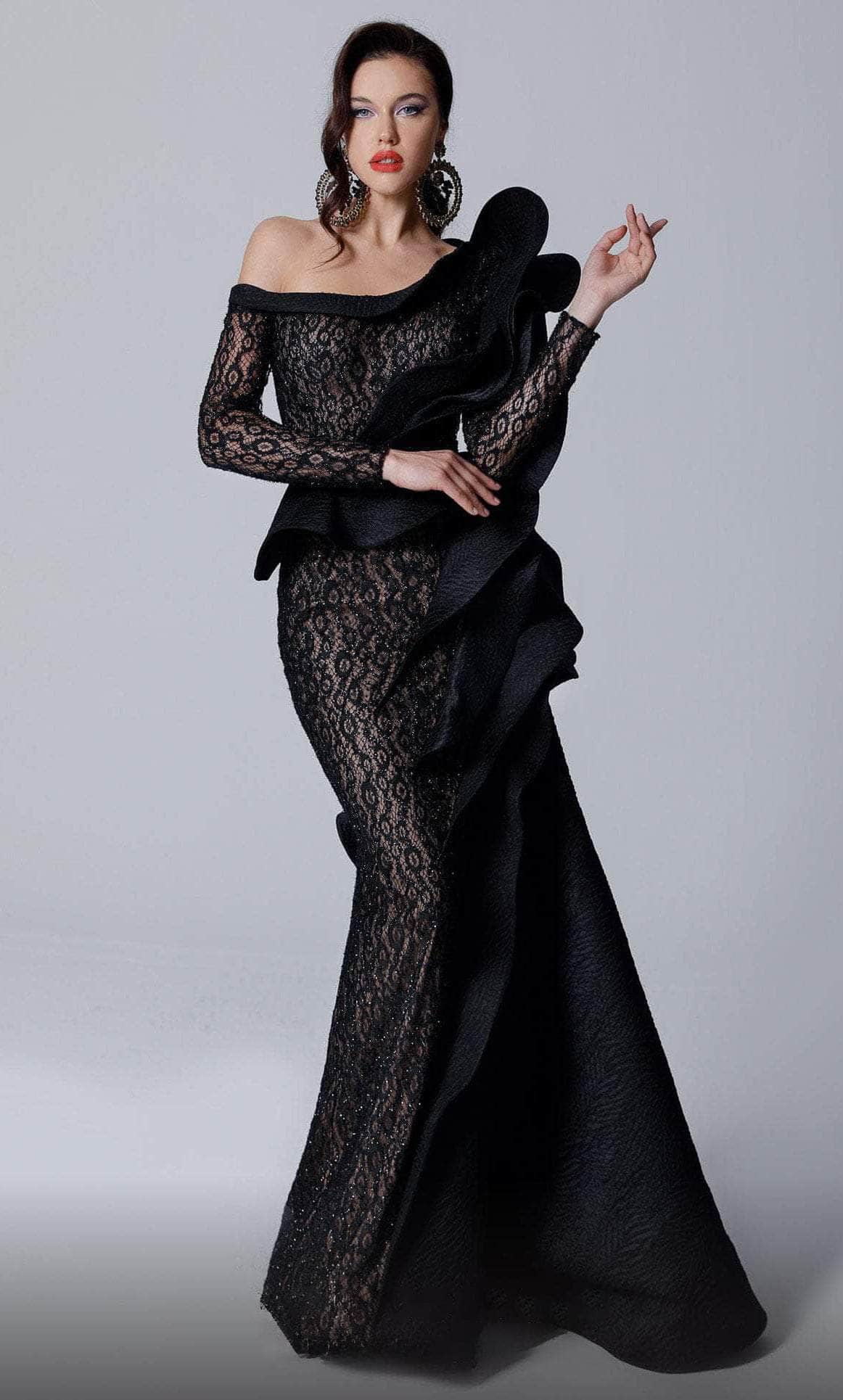 Image of MNM Couture 2735 - Asymmetric Beaded Lace Evening Gown