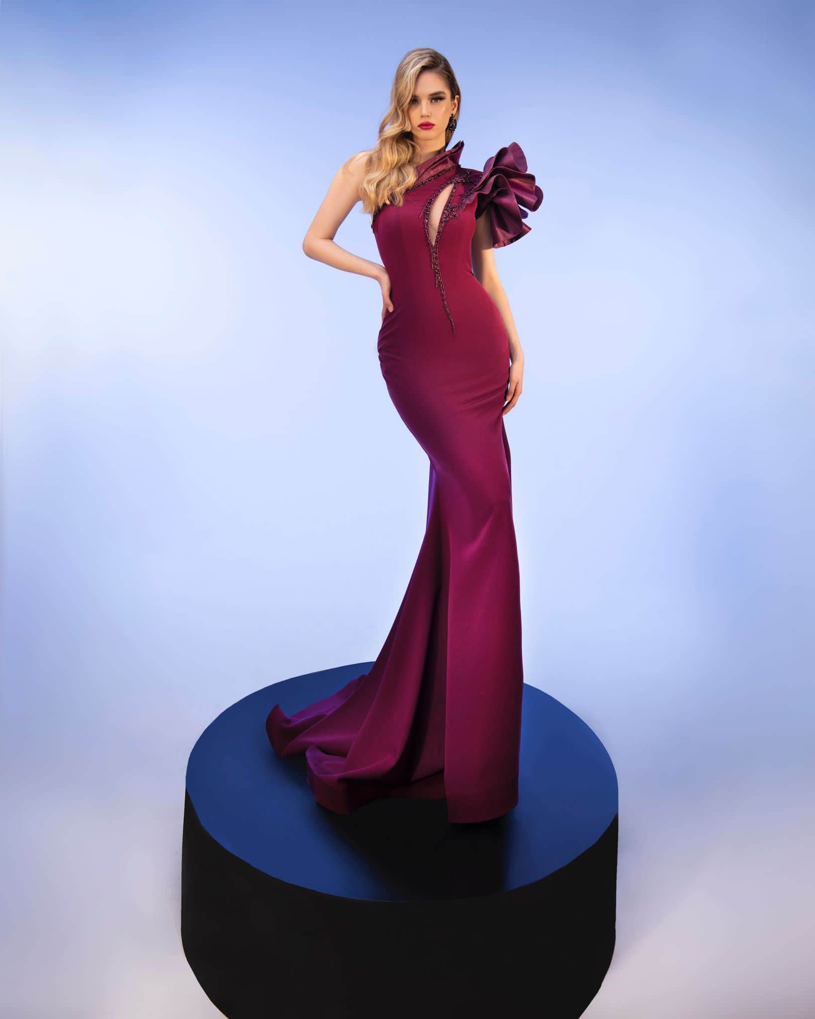 Image of MNM Couture 2736A - One-Shoulder Ruffle Sleeve Gown
