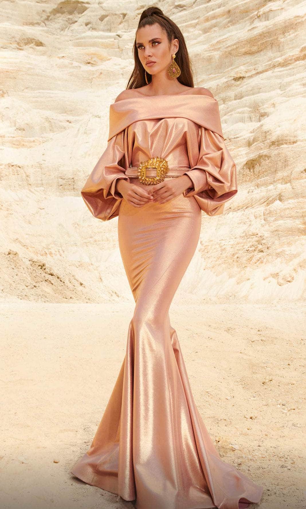 Image of MNM Couture 2752 - Off-Shoulder Long Sleeve Evening Gown