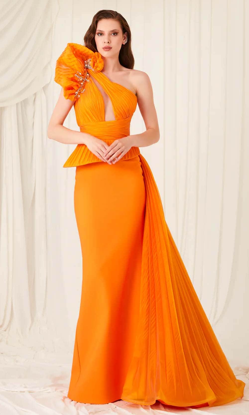 Image of MNM Couture 2799A - Asymmetric Neck Peplum Evening Gown
