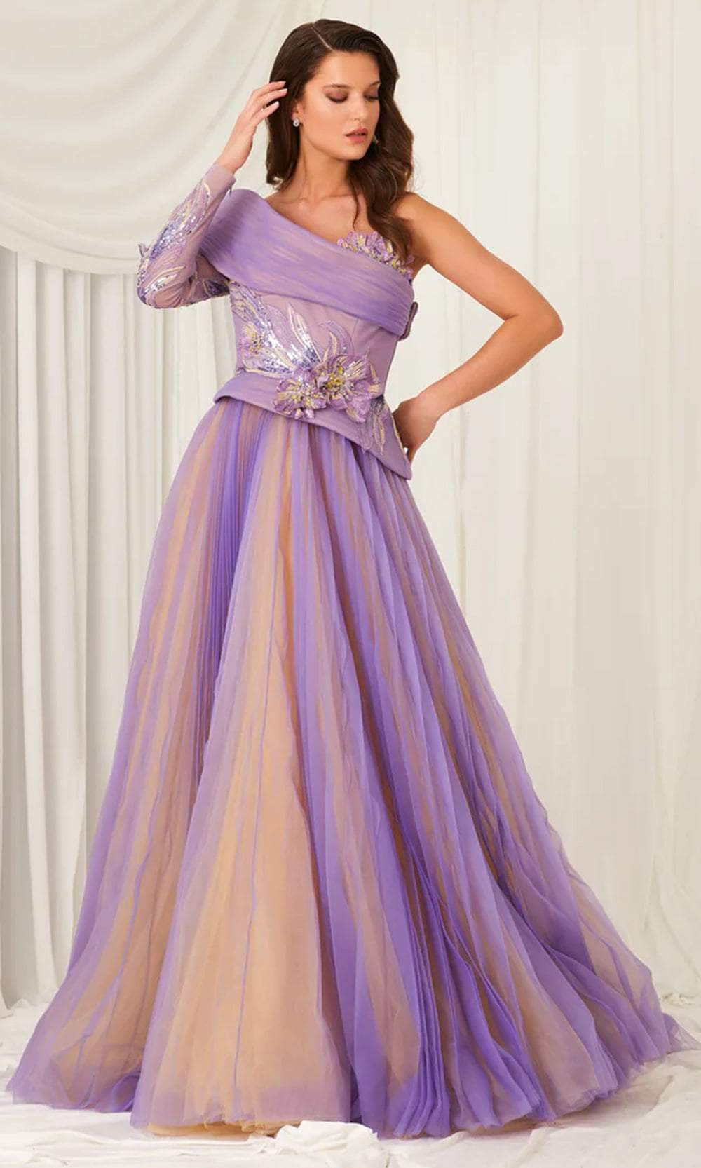 Image of MNM Couture F02807 - Asymmetric Off-Shoulder A-Line Gown