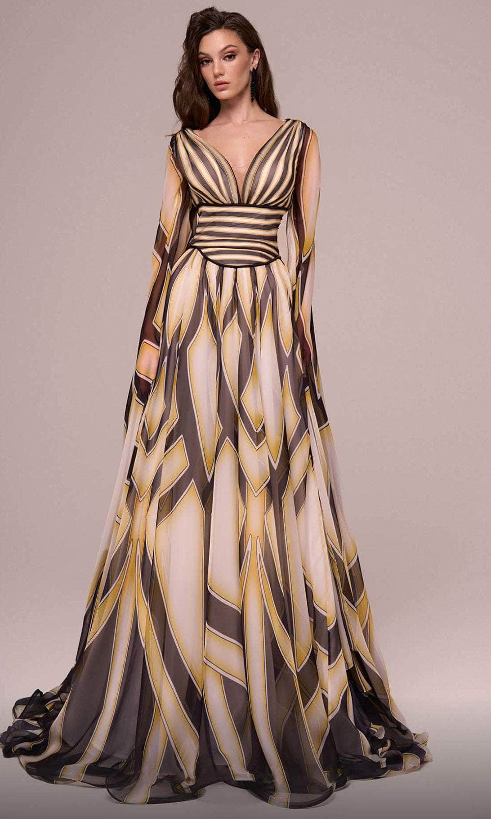 Image of MNM Couture F02862 - Printed Long Cape Sleeve Evening Gown