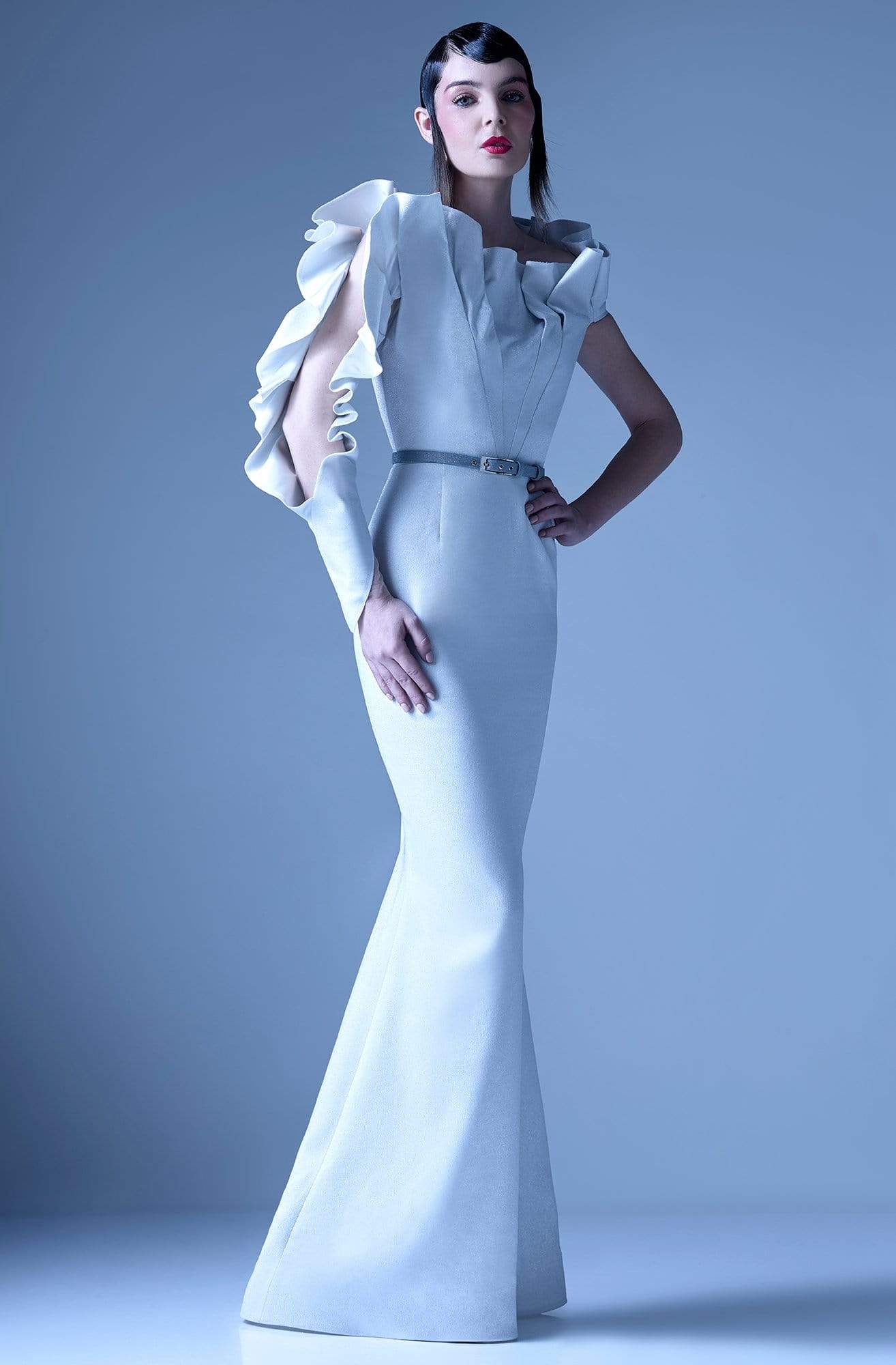Image of MNM Couture - G0934 Ruffled Asymmetric Neck Mermaid Dress
