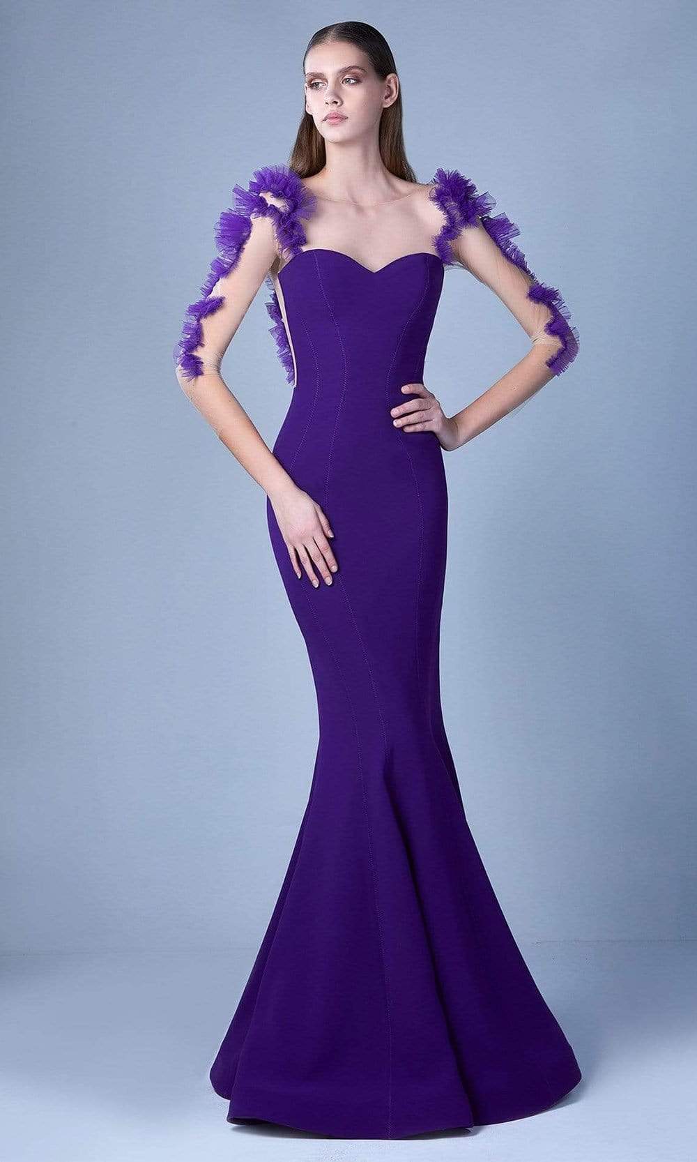 Image of MNM Couture - G1094 Ruffle Ornate Illusion Mermaid Gown