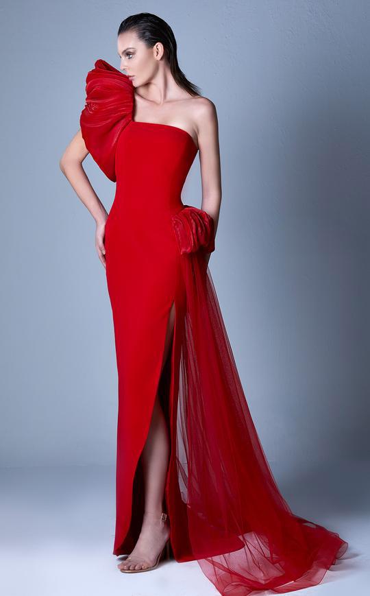 Image of MNM Couture- G1096 Asymmetric Neck Fitted Dress With Draping