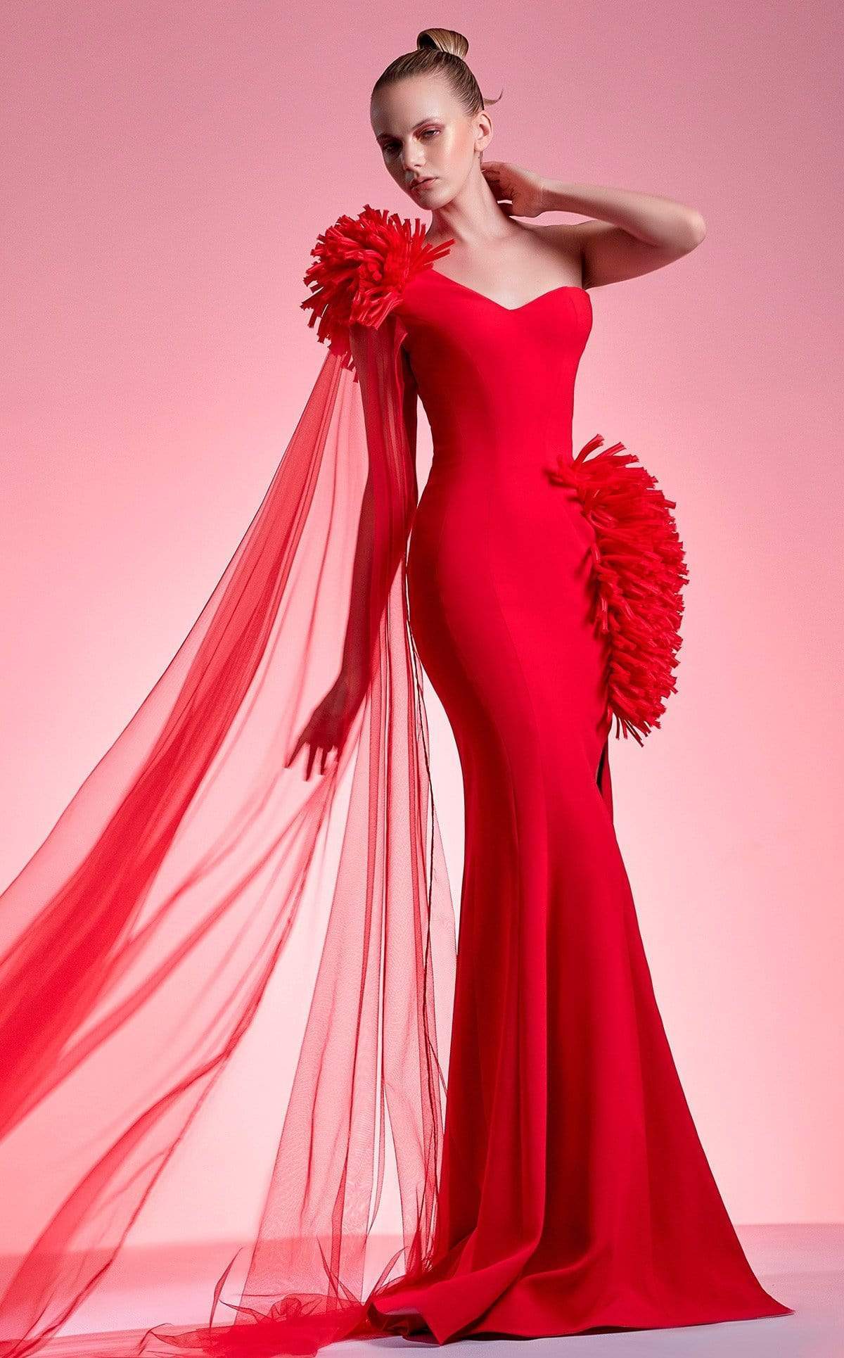 Image of MNM Couture - G1211 Asymmetrical Fringed High Slit Mermaid Gown