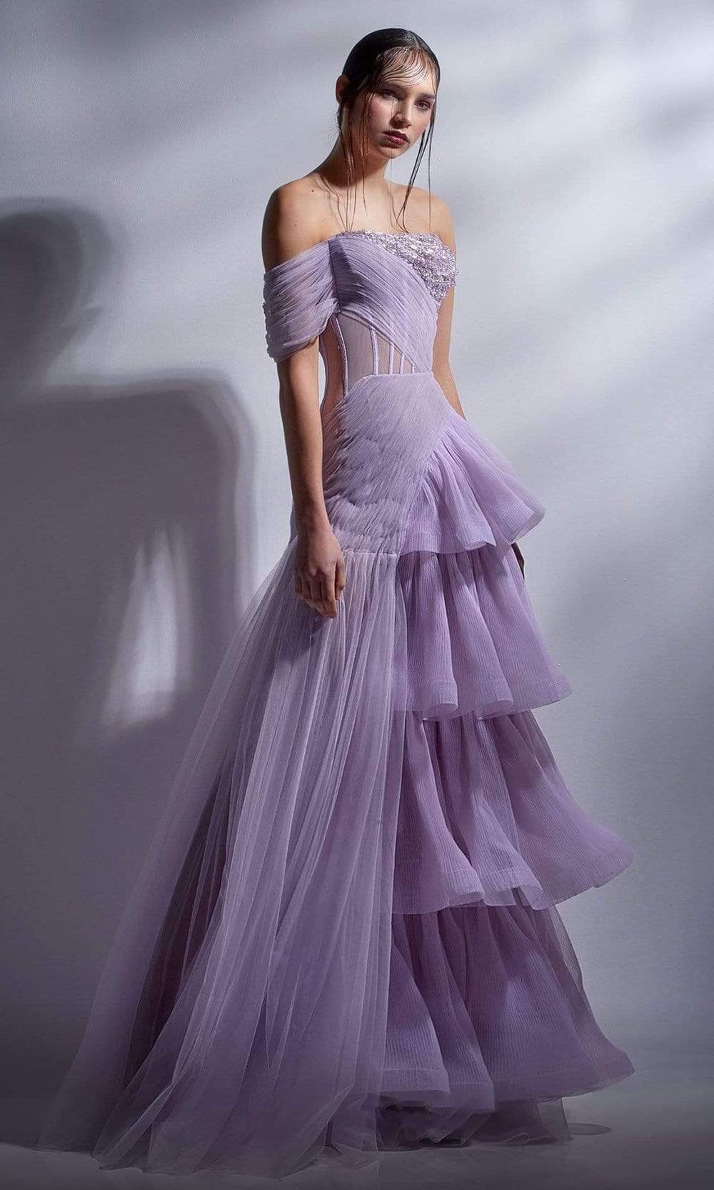 Image of MNM Couture - G1282 Sheer Corset Bodice Ruffle A-Line Gown