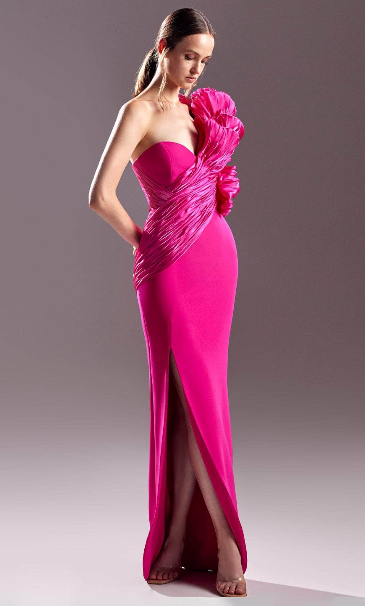 Image of MNM Couture G1530 - Ruched One-Shoulder Sleeve Prom Dress