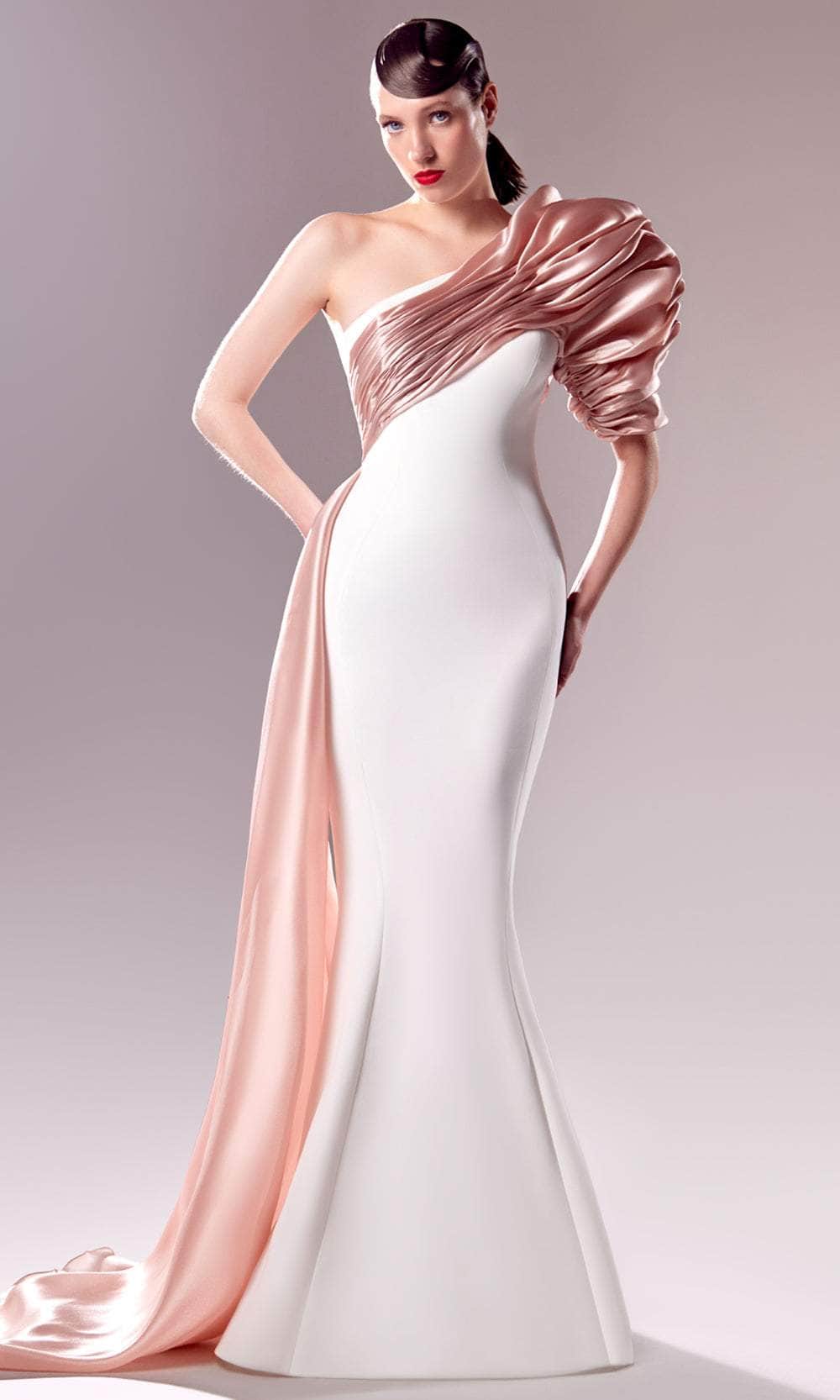 Image of MNM Couture G1633 - Puffed One-Shoulder Sleeve Crepe Gown