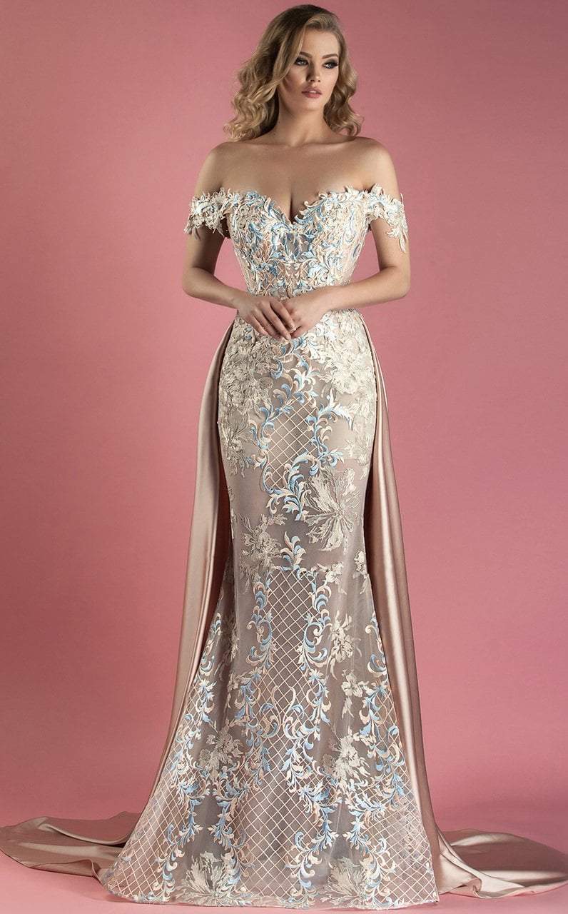 Image of MNM Couture - K3556 Off the Shoulder Applique Gown with Overskirt