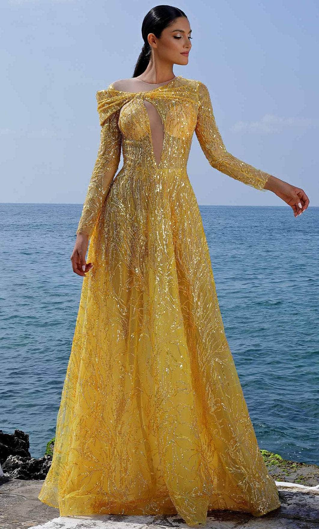 Image of MNM Couture K4004 - Long Sleeve Sequined A-line Gown