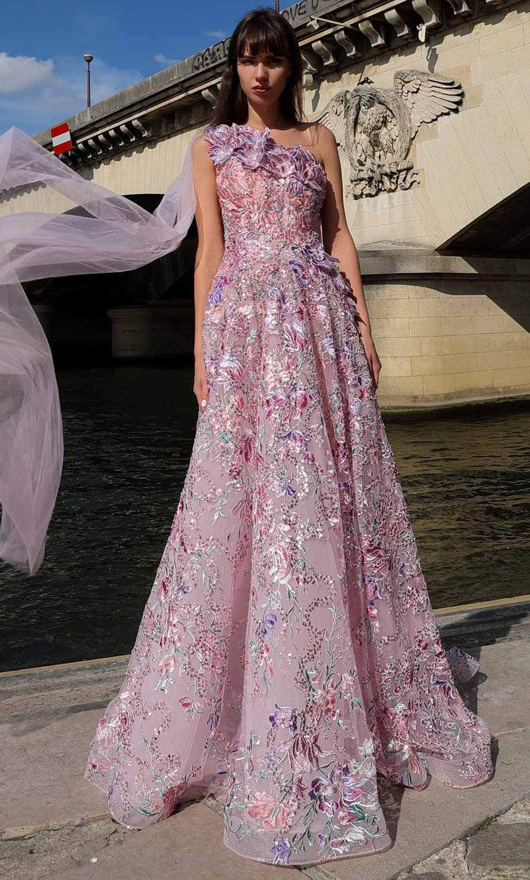 Image of MNM Couture K4020 - Floral Embroidered One Shoulder Gown