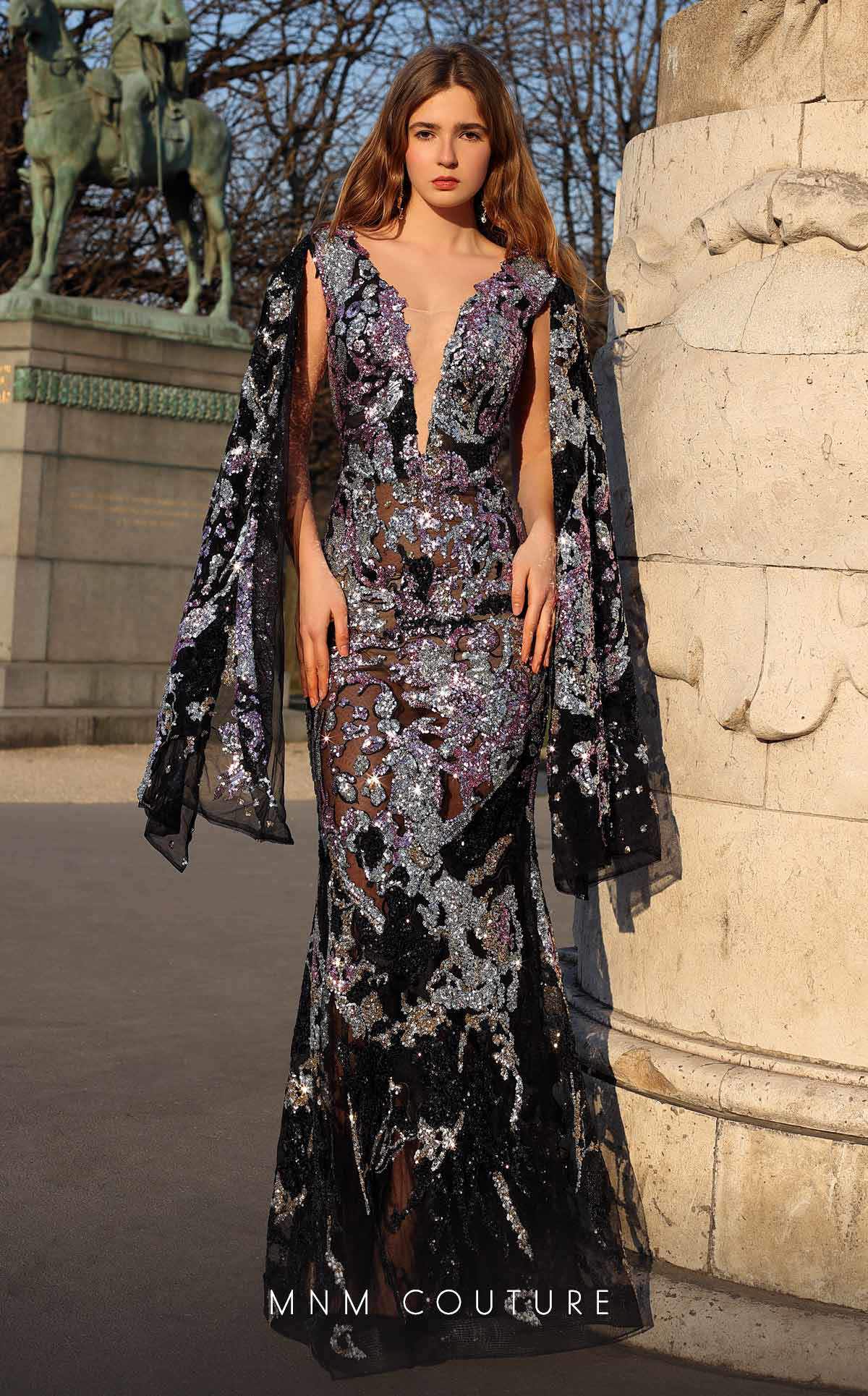 Image of MNM Couture K4067 - Sparkly Sheer Deep V Neck Gown