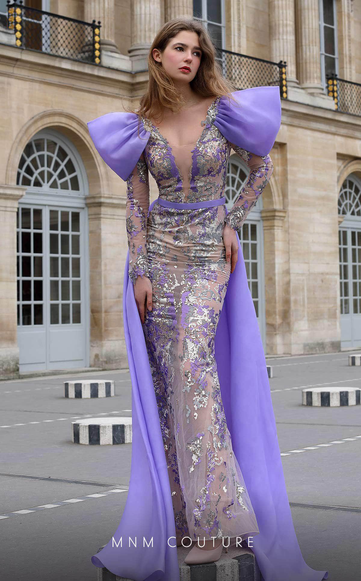 Image of MNM Couture K4075 - Bow Sleeve Embellished Illusion Gown