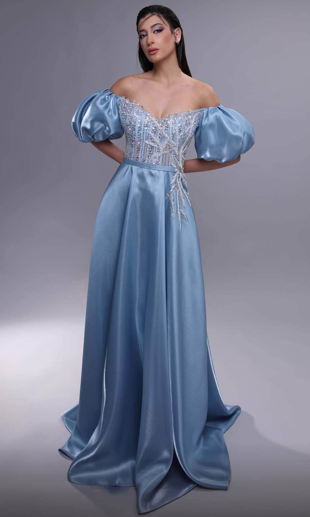Image of MNM Couture K4079 - Puff Sleeve Corset Evening Dress