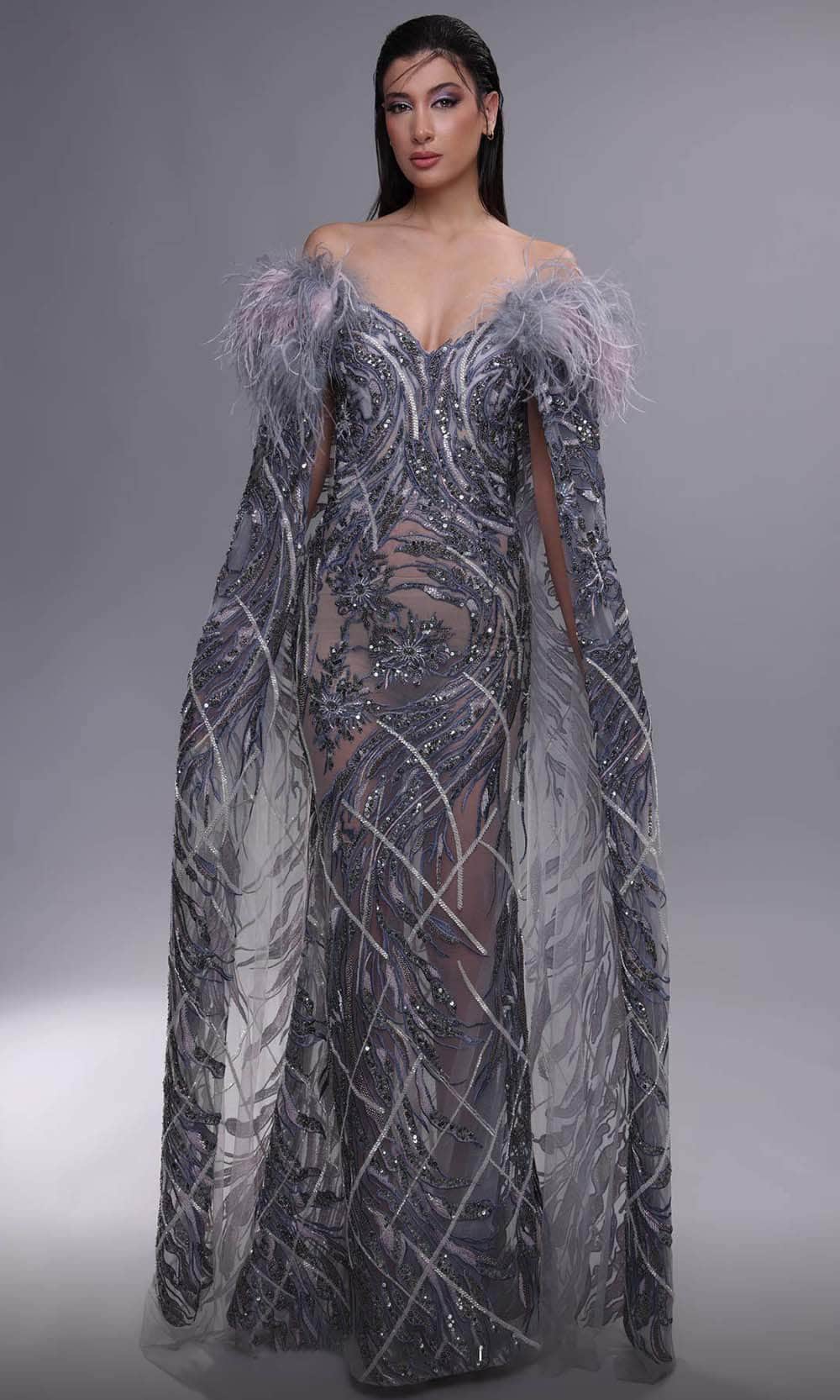 Image of MNM Couture K4097 - Feathered Cap Sleeve Evening Dress