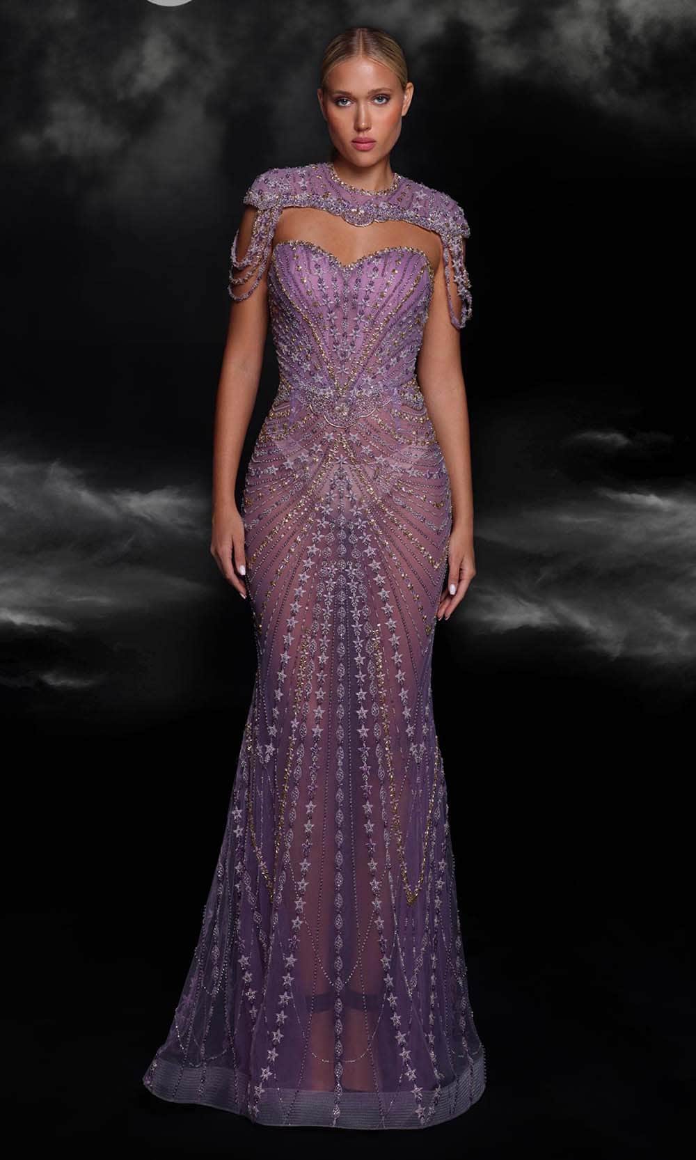 Image of MNM Couture K4098 - High Neck See-Through Evening Gown