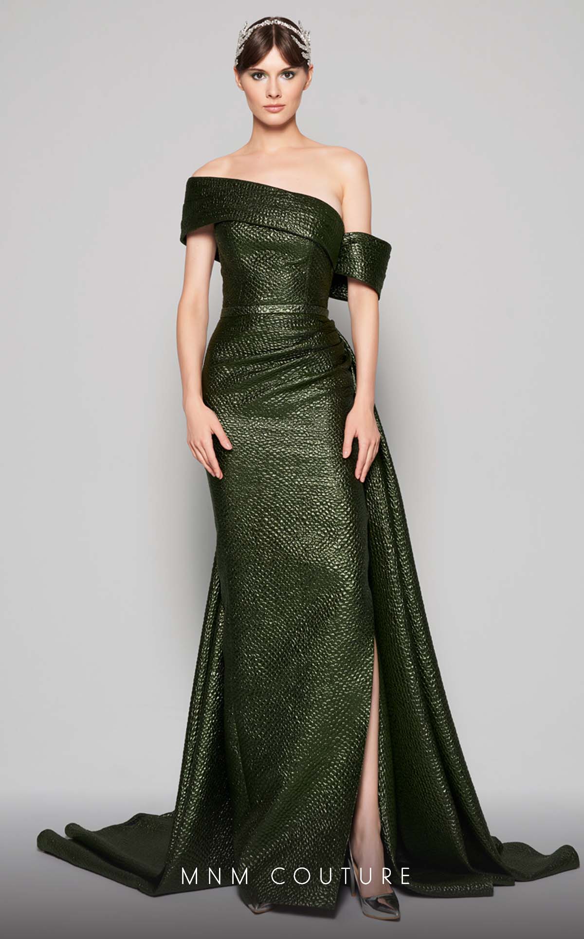 Image of MNM Couture - N0356 Asymmetric Off-Shoulder Drape Train Evening Gown