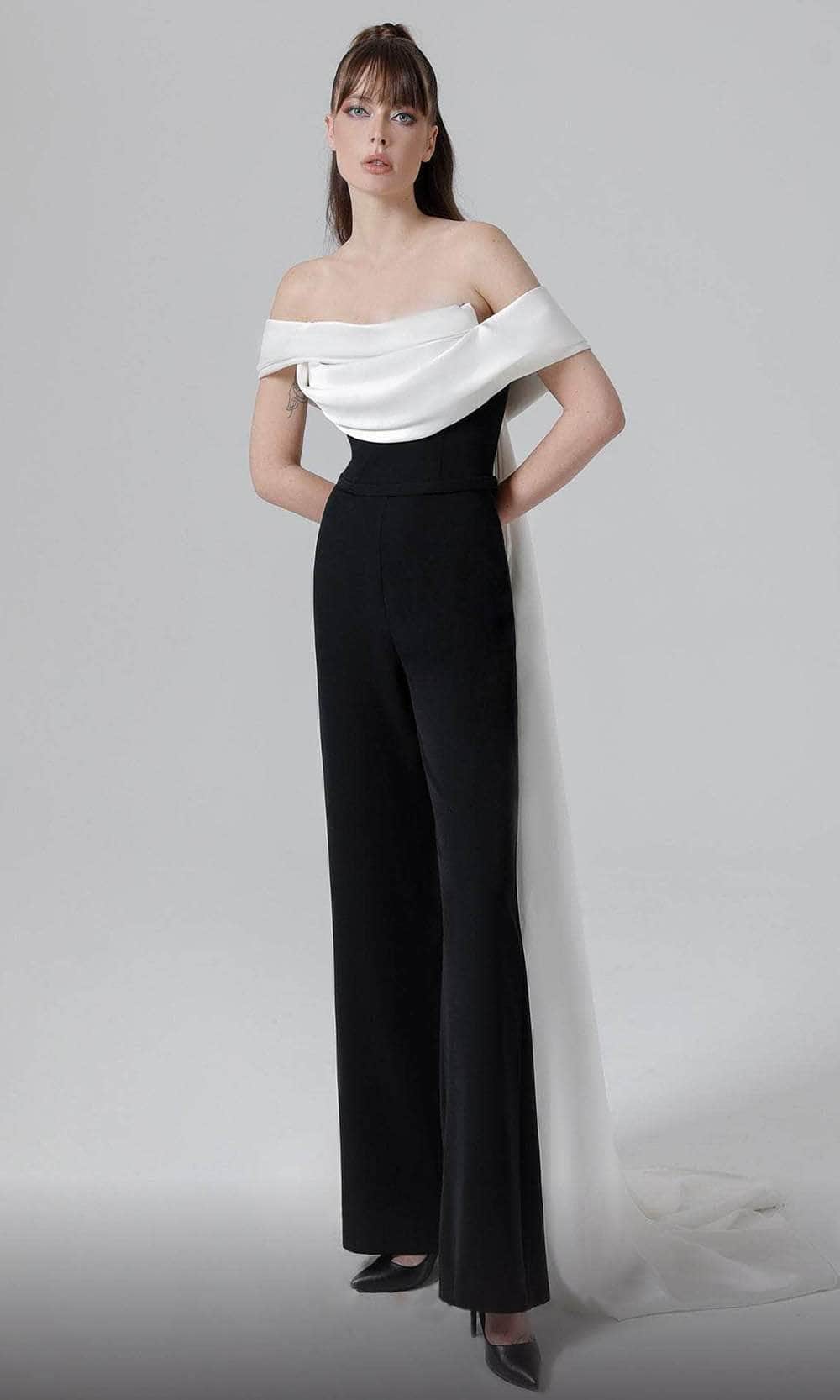 Image of MNM Couture N0456A - Draped Off Shoulder Jumpsuit