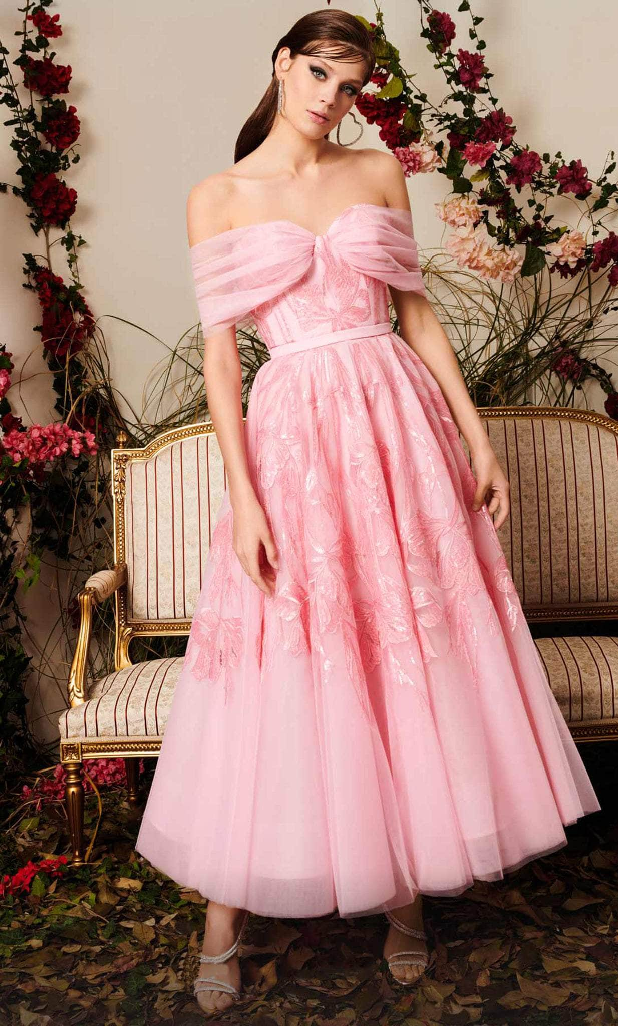 Image of MNM Couture N0498 - Off Shoulder Tea Length Dress