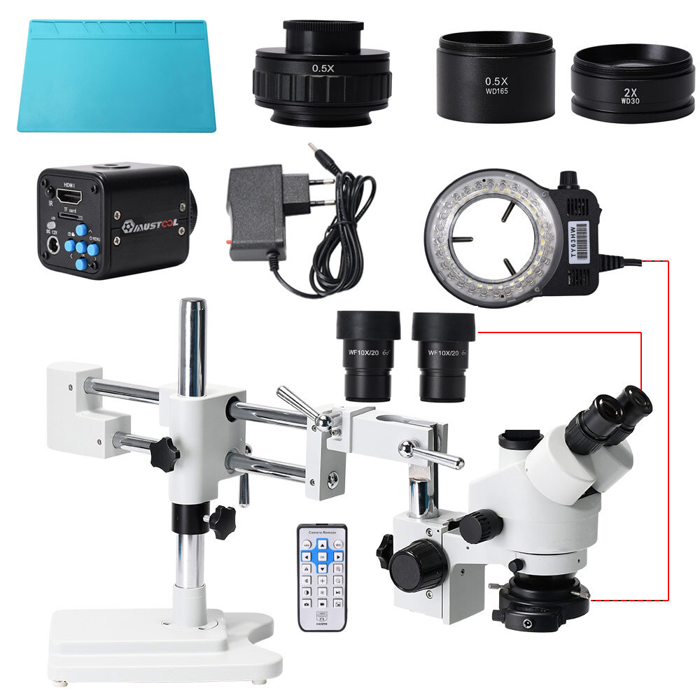 Image of MUSTOOL 35X 90XSimul-Focal Double Boom Stand Trinocular Stereo Zoom Stereo Microscope 24MP 4K HDMI-compatible Camera