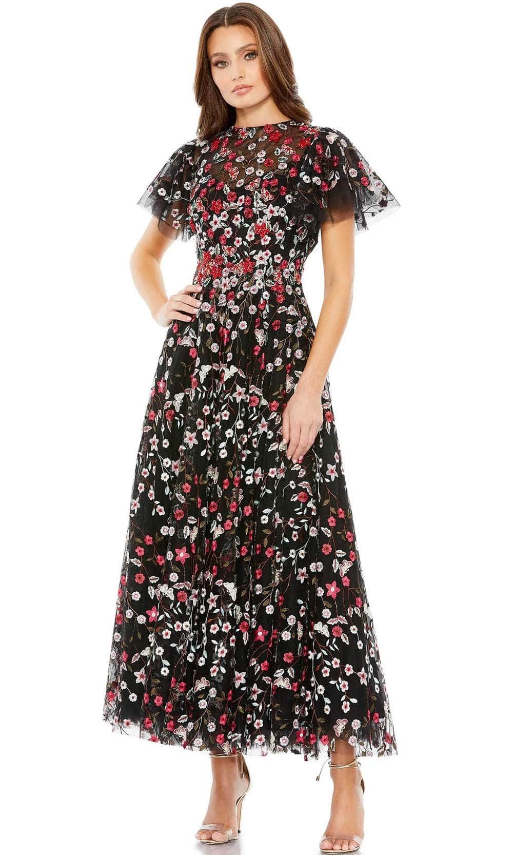Image of Mac Duggal 20323 - Floral Embroidered Tulle Midi Dress