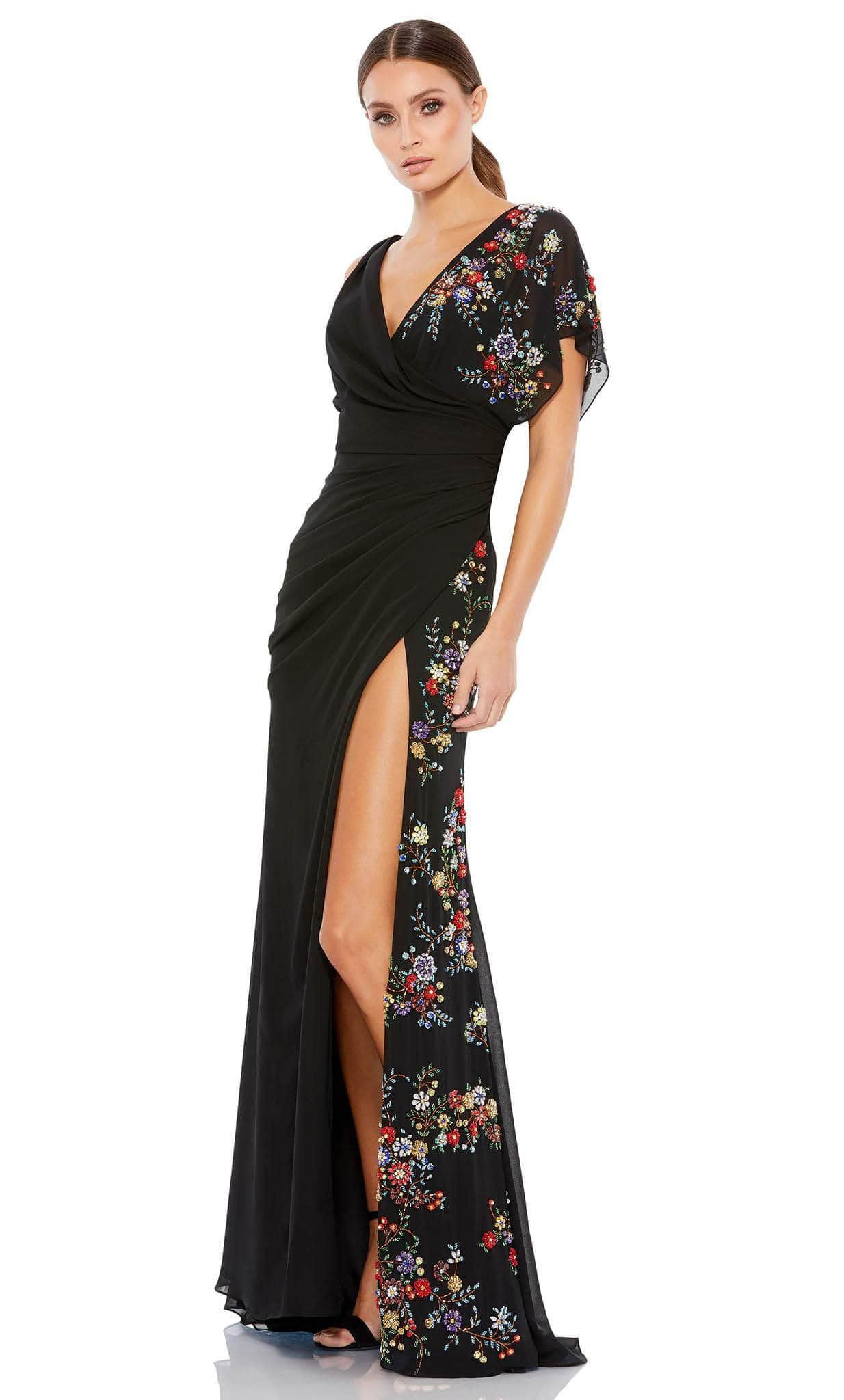 Image of Mac Duggal 26530 - Faux Wrap Floral Beaded Floral Gown