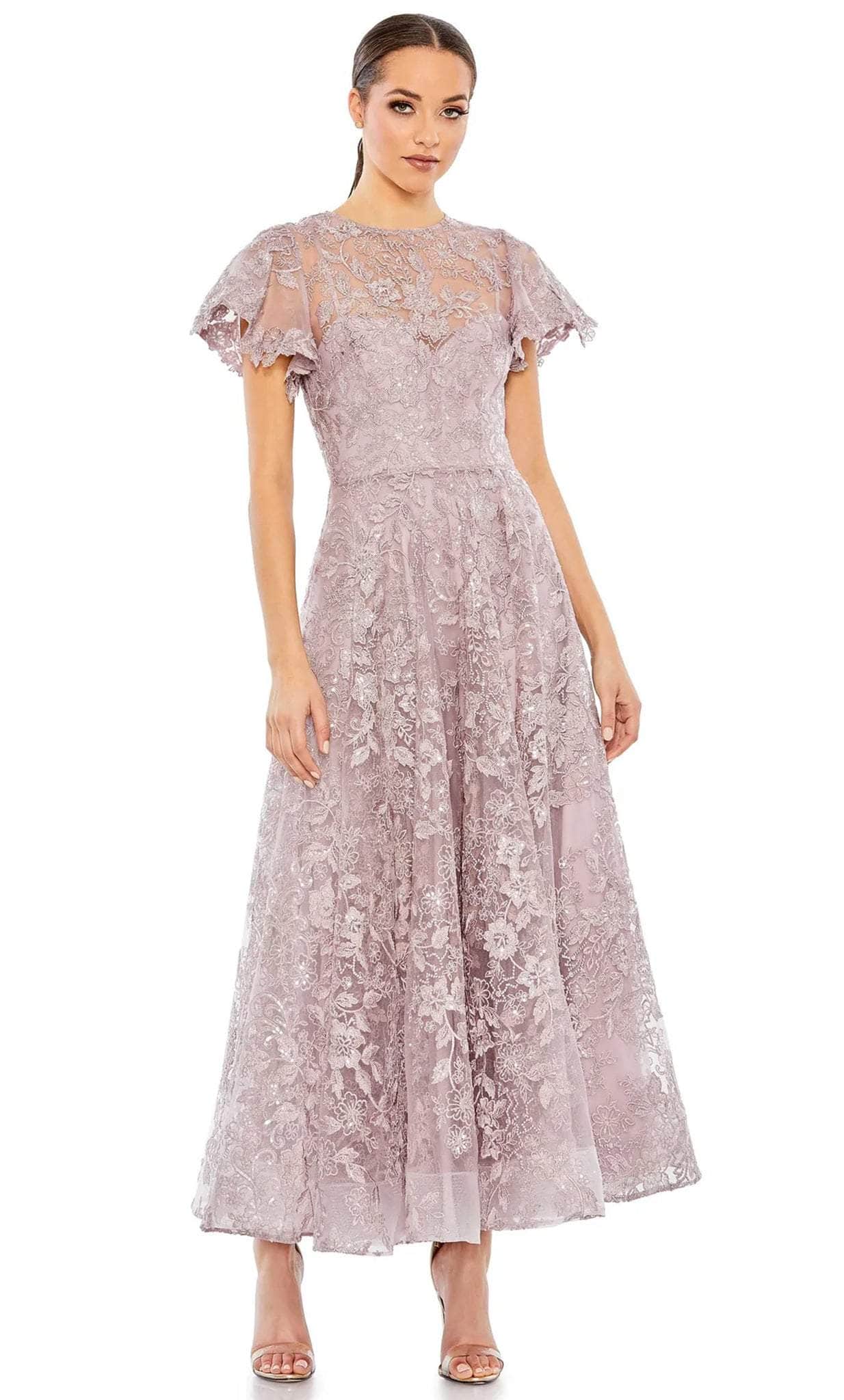 Image of Mac Duggal 50665 - Floral Lace Jewel Neck Midi Dress