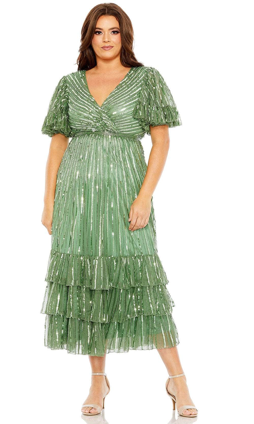 Image of Mac Duggal 5785 - Flutter Sleeve Sequin Tea-Length Dress