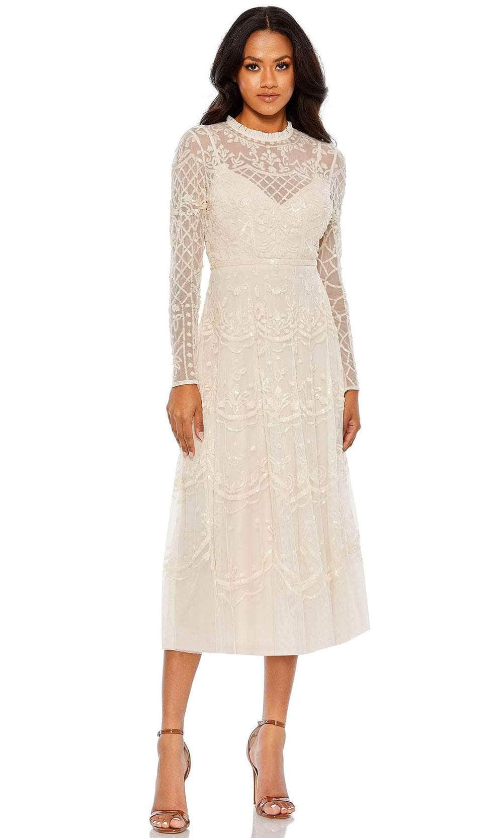 Image of Mac Duggal 9142 - Long Sleeve Illusion Neckline Tea Length Dress