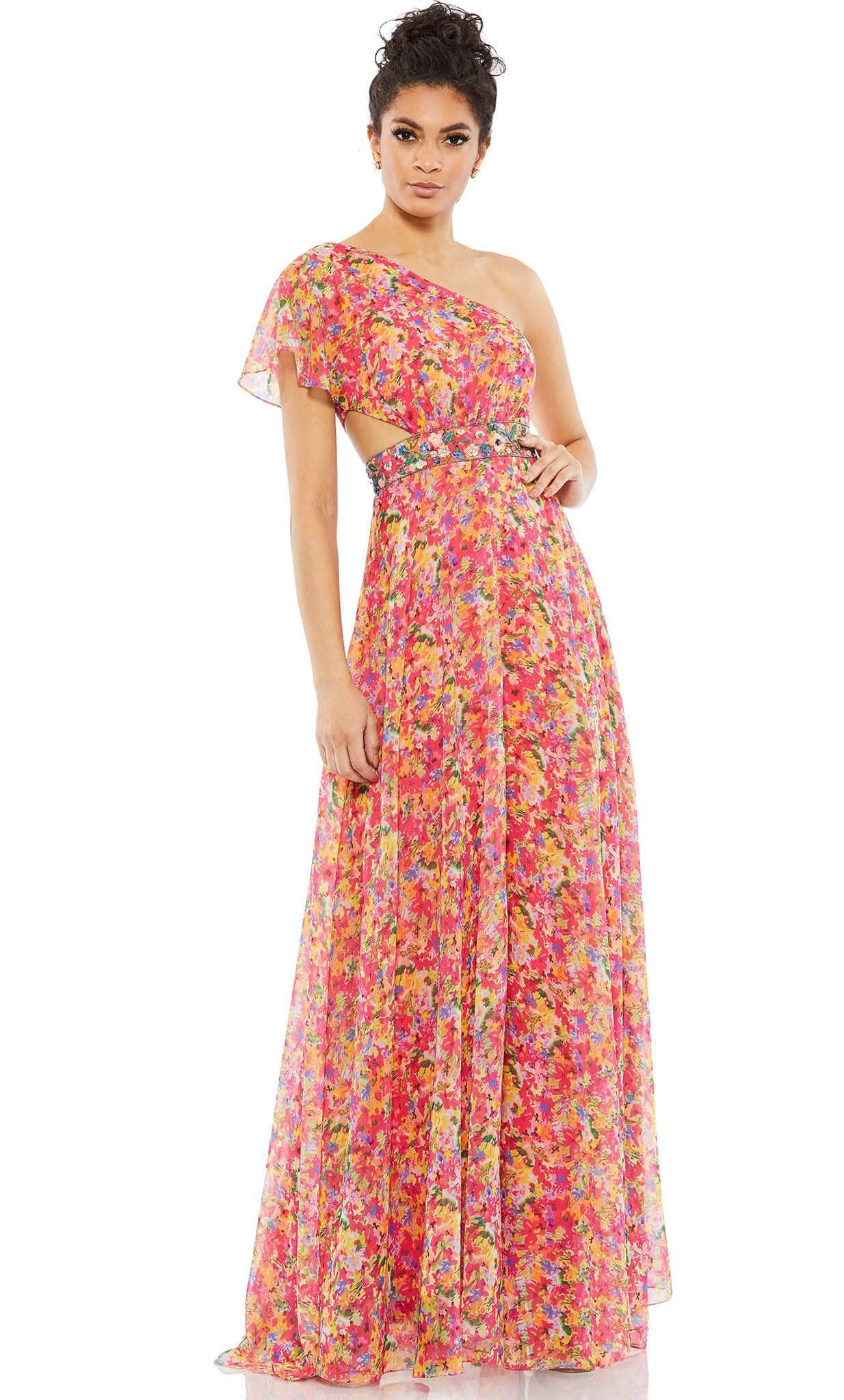 Image of Mac Duggal 9157 - Asymmetric Neck Floral Print Long Gown