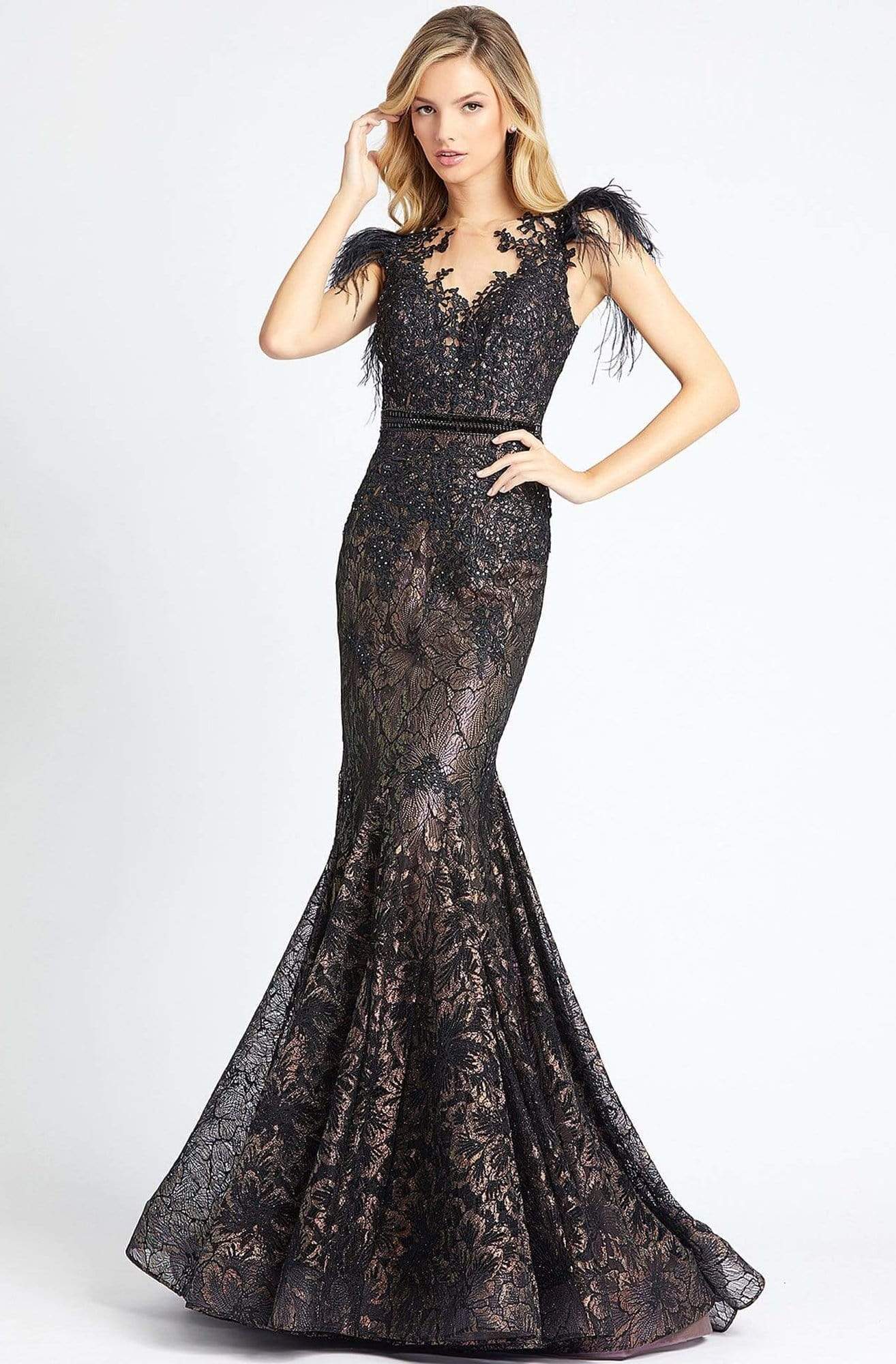 Image of Mac Duggal Black White Red - 79230R Feathered Lace Mermaid Gown