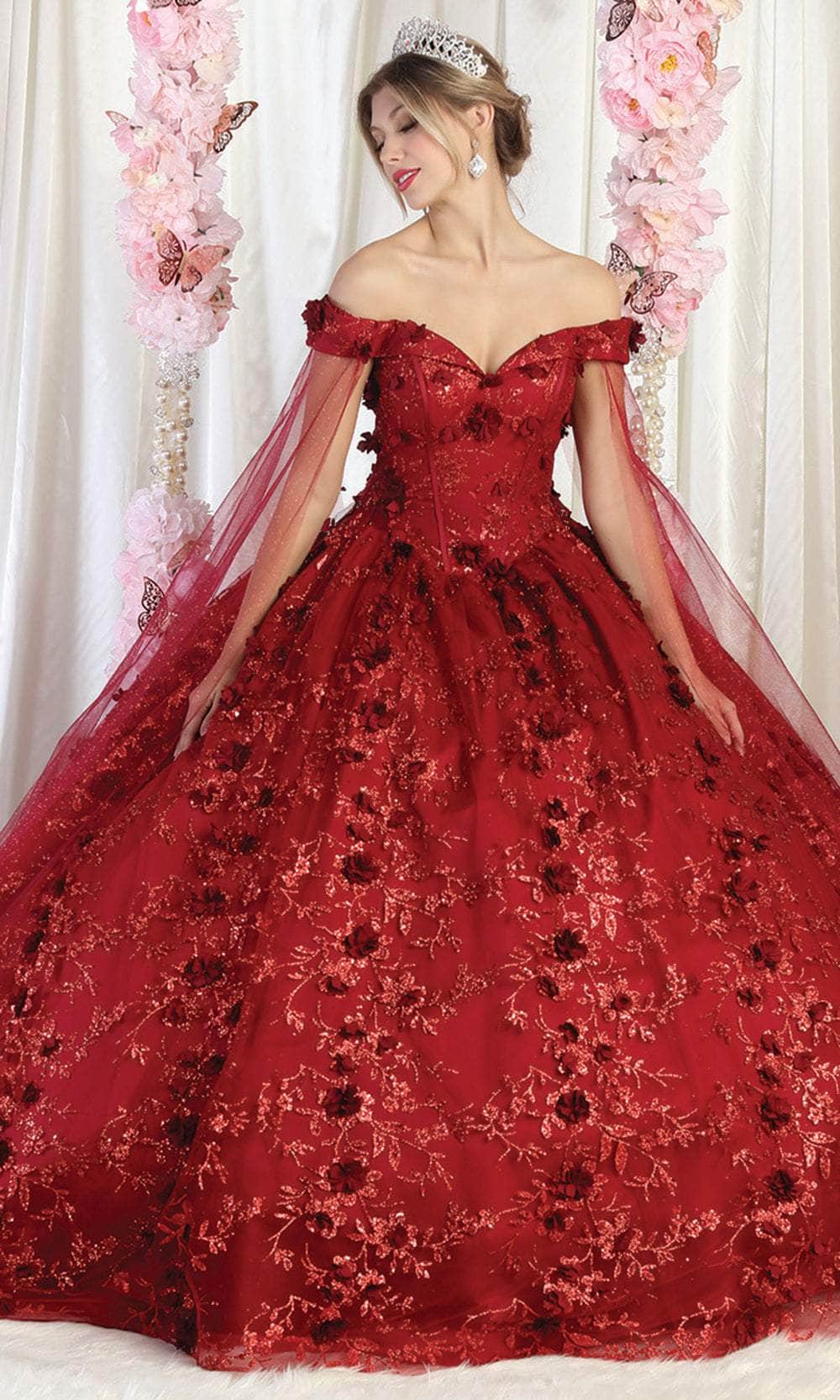 Image of May Queen LK184 - Off-Shoulder 3D Floral Embellished Ballgown