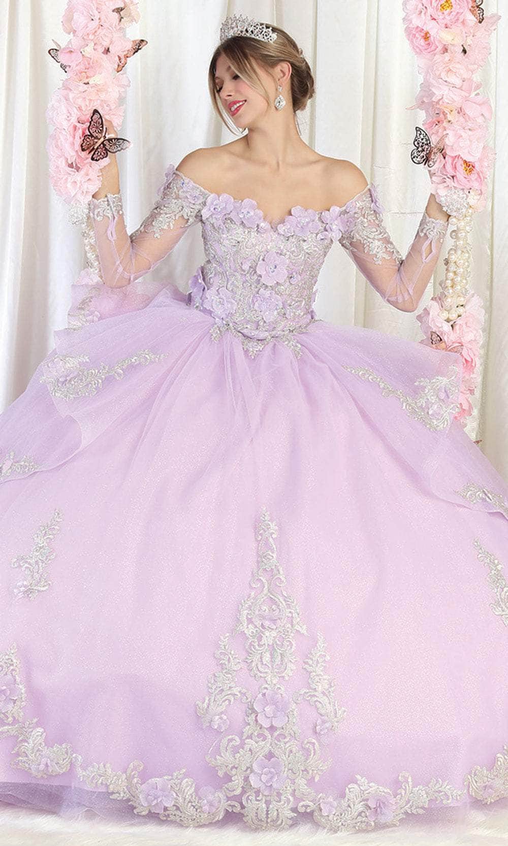 Image of May Queen LK189 - Long Mesh Sleeve Ball Gown