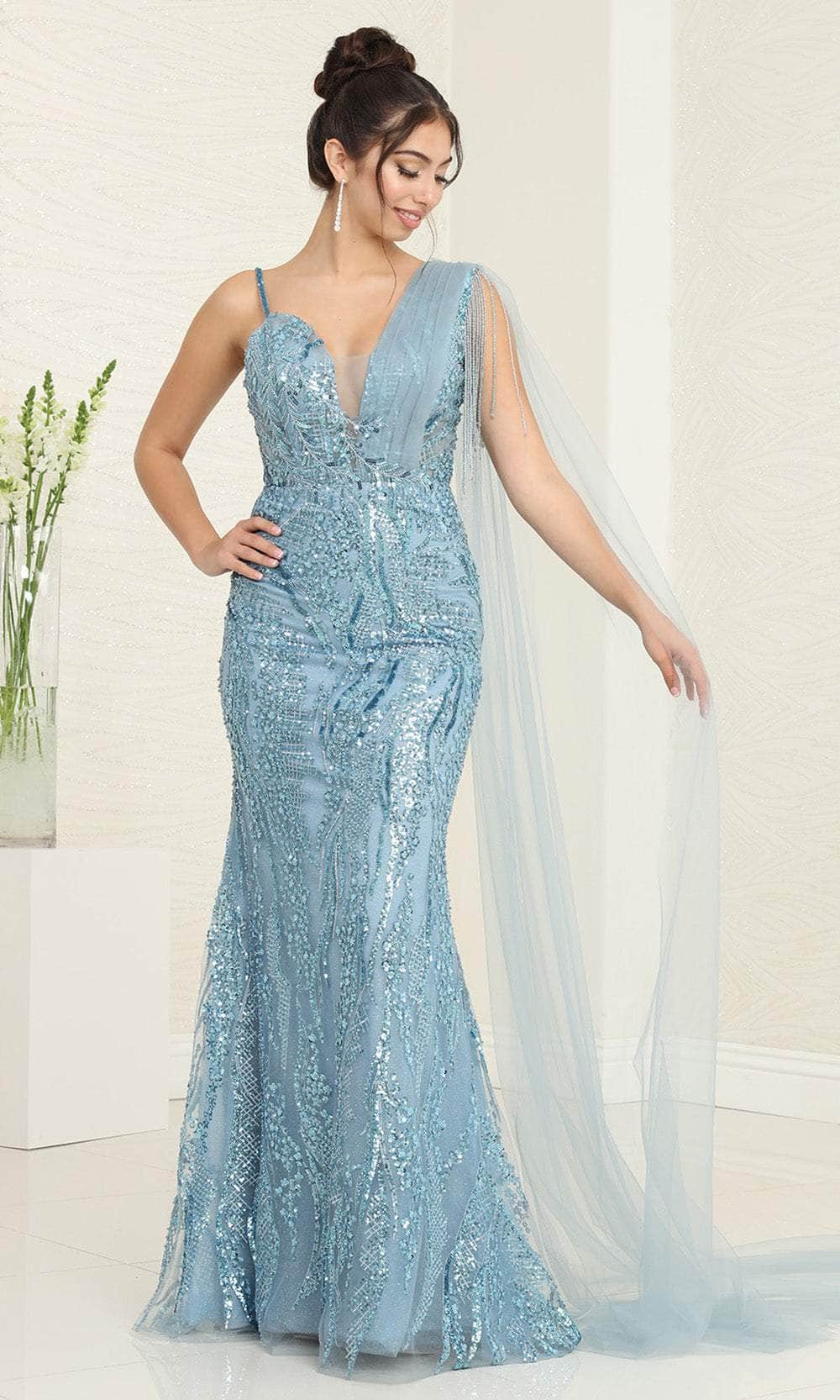 Image of May Queen RQ8066 - Illusion Cape Beaded Prom Gown