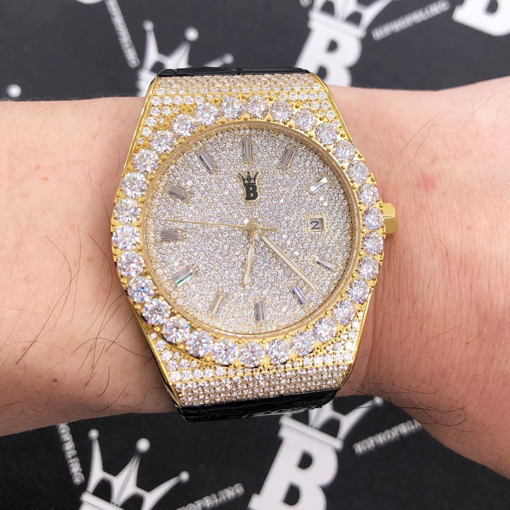 Image of Moissanite Crown Hip Hop Bling Bustdown Leather Watch 20 Carats ID 41557346058433