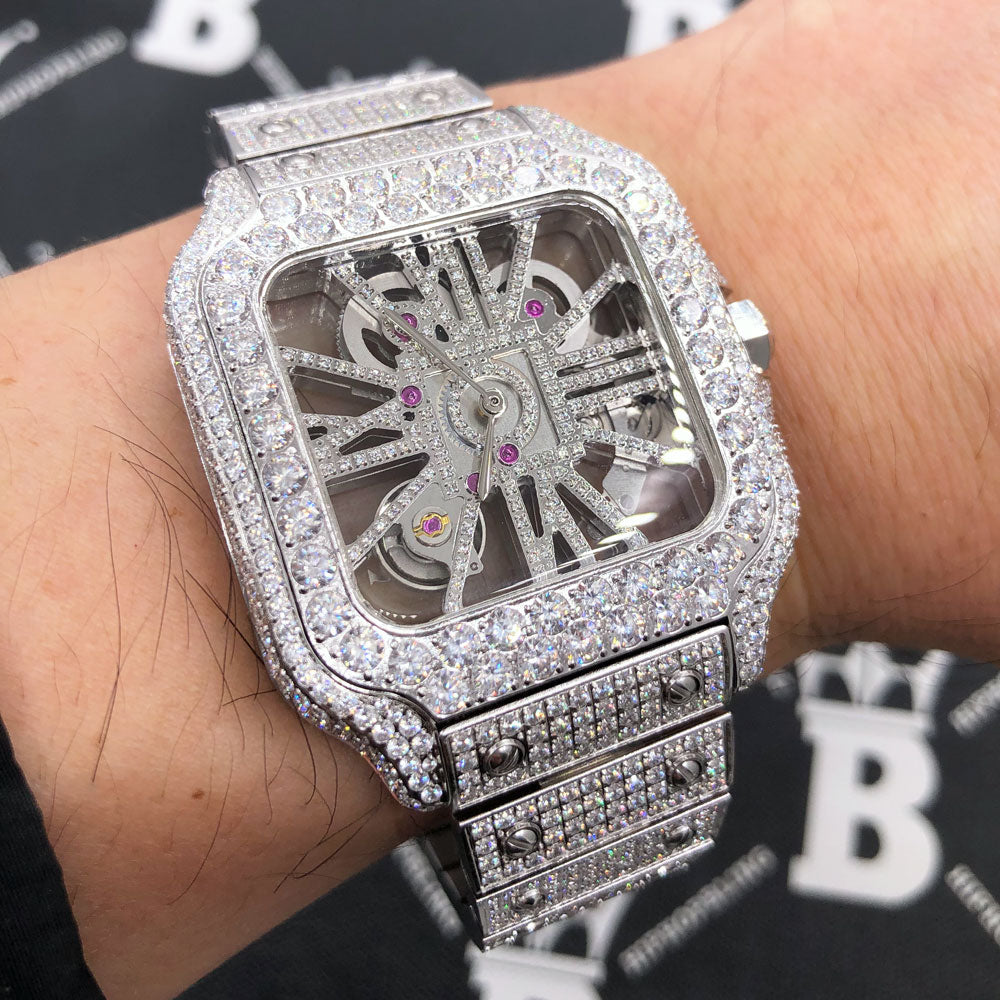 Image of Moissanite VVS Skeleton Iced Out Baller Square Steel Watch ID 41802963452097