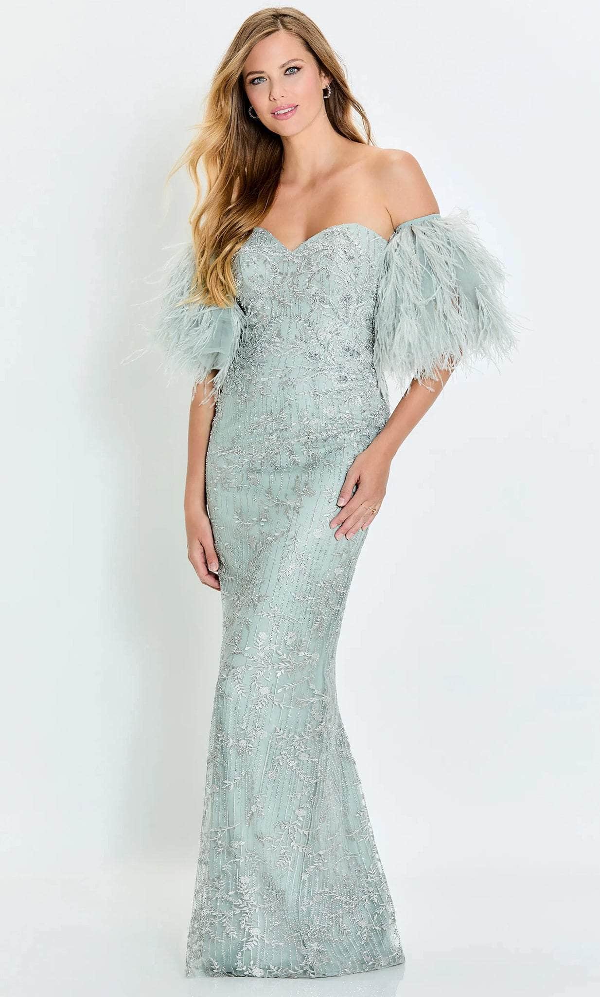Image of Montage by Mon Cheri M525 - Detachable Feathered Sleeve Strapless Evening Dress