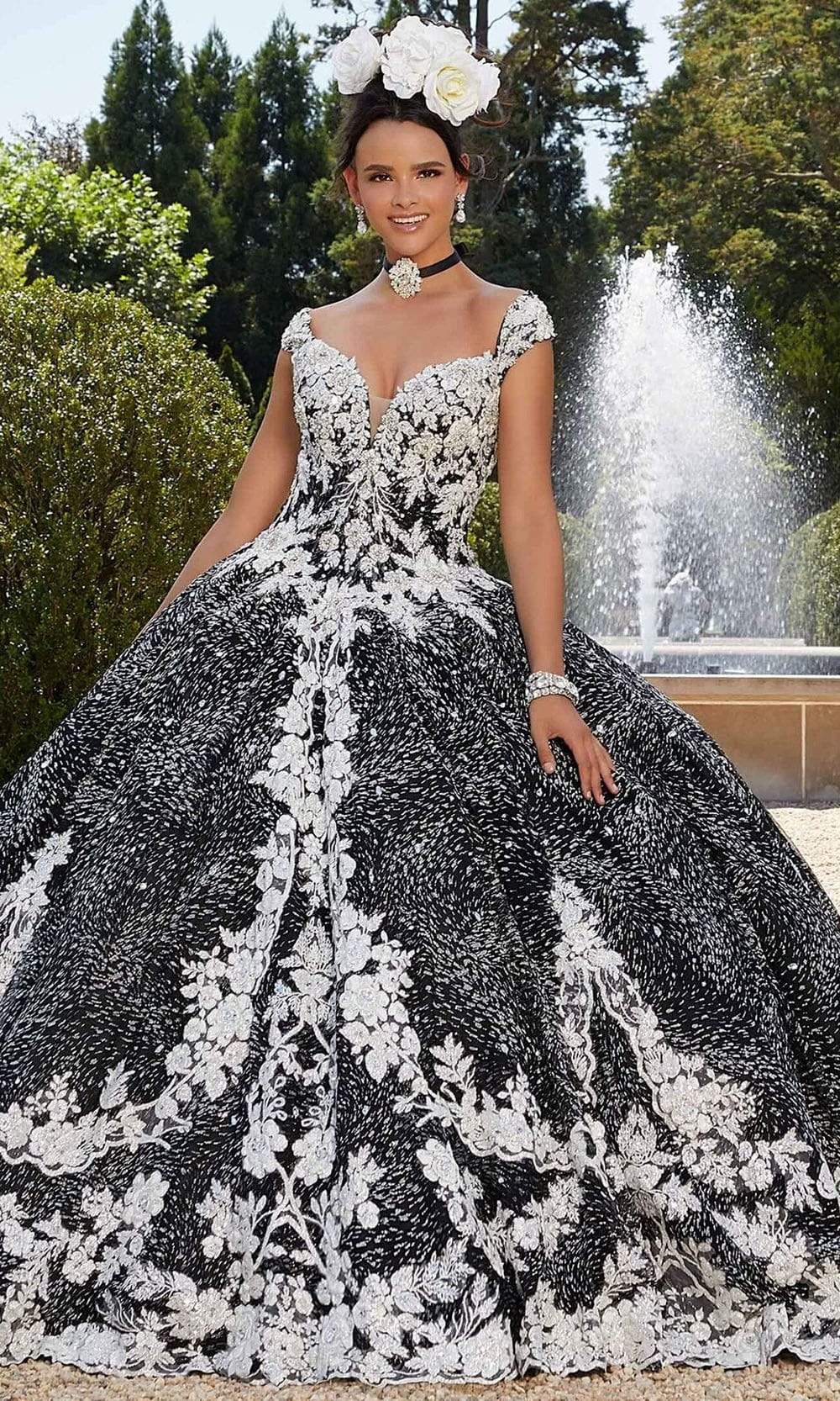 Image of Mori Lee - 34042 Plunging Floral Embroidered Ballgown