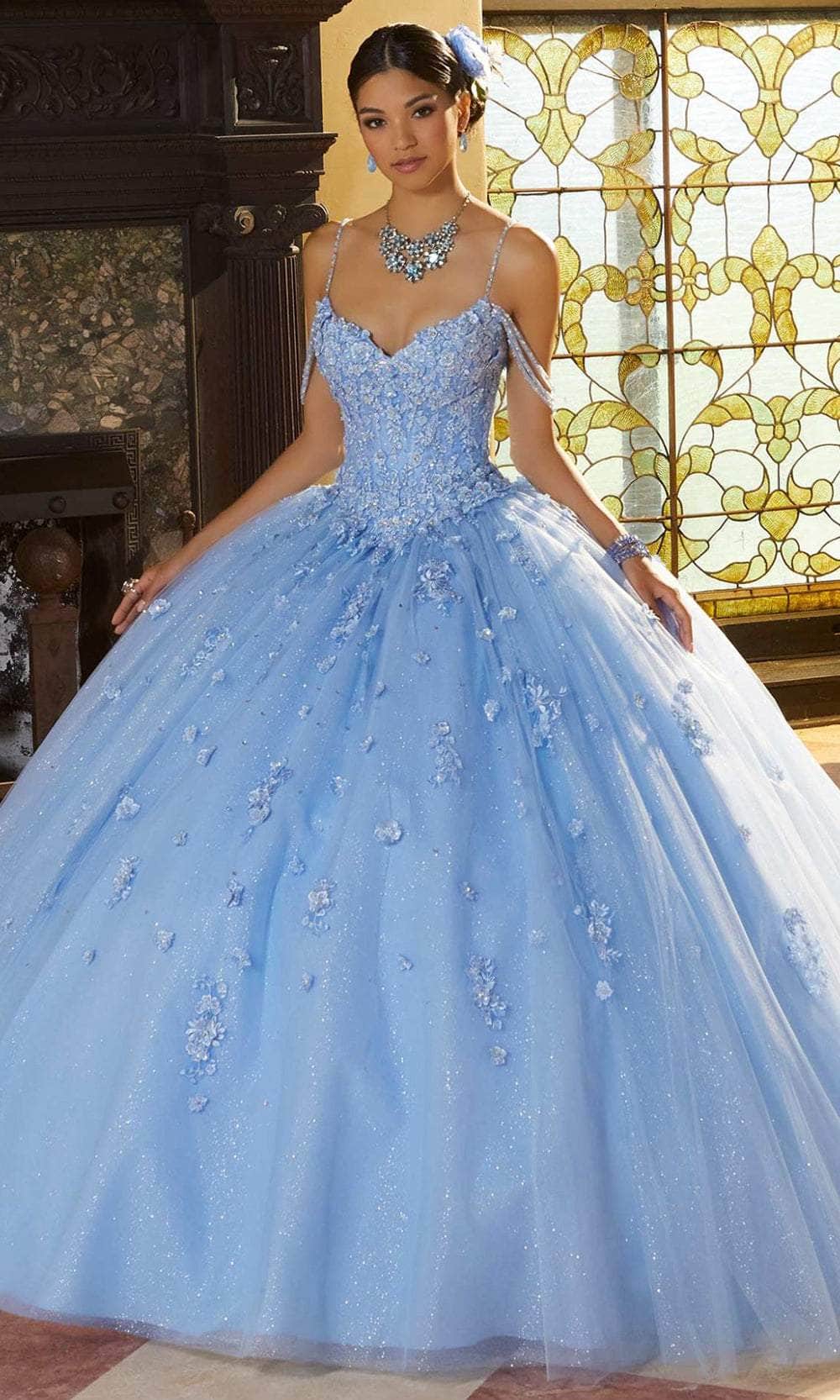 Image of Mori Lee 60155 - Thin Strapped Floral Appliqued Ballgown