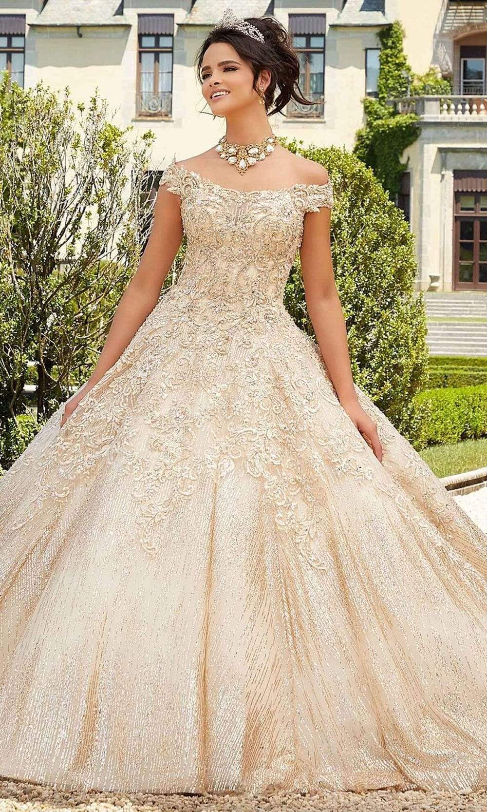 Image of Mori Lee - 89302 Off Shoulder Rhinestone Beaded Glitter Net Ballgown