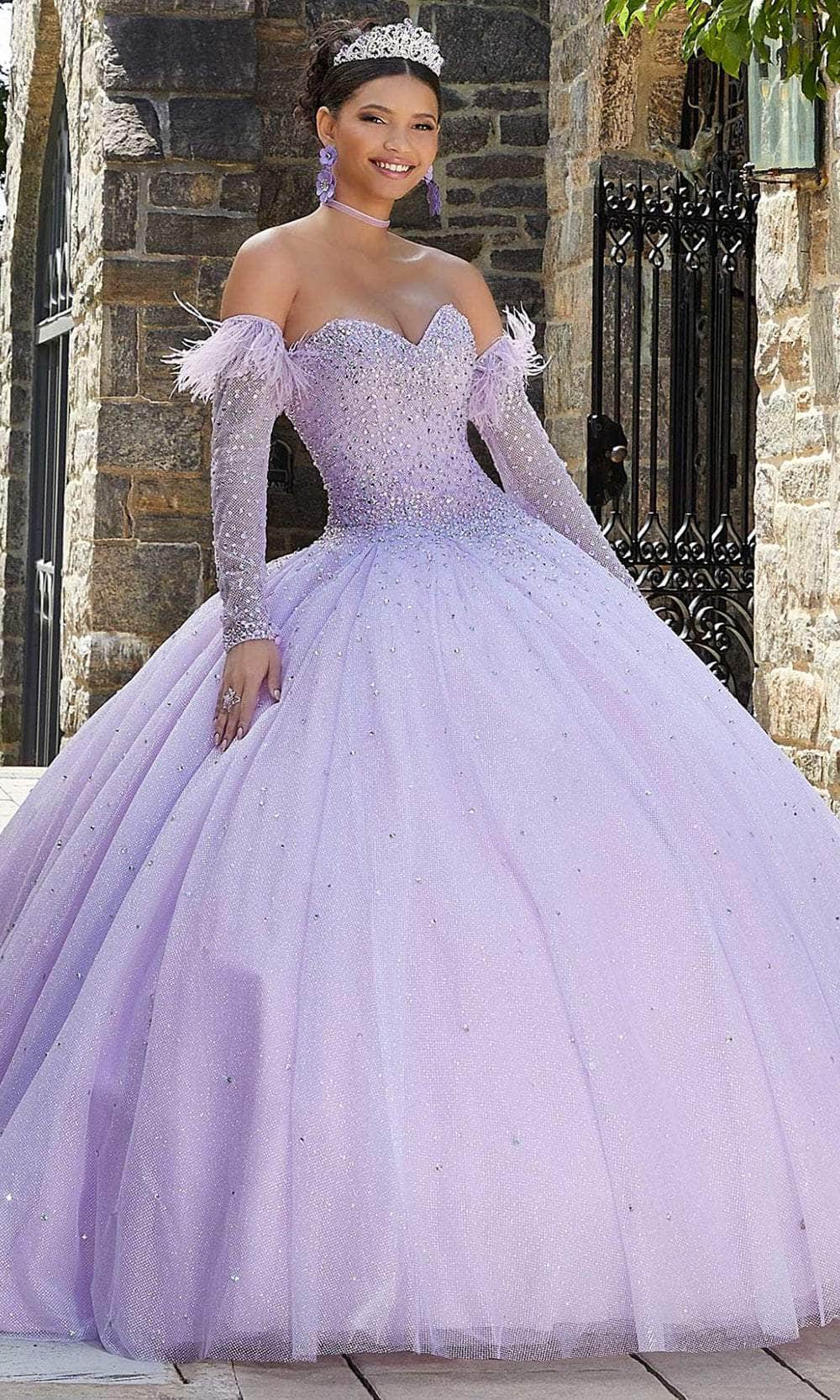 Image of Mori Lee 89334 - Arm Sleeved Feathered Crystal Ballgown