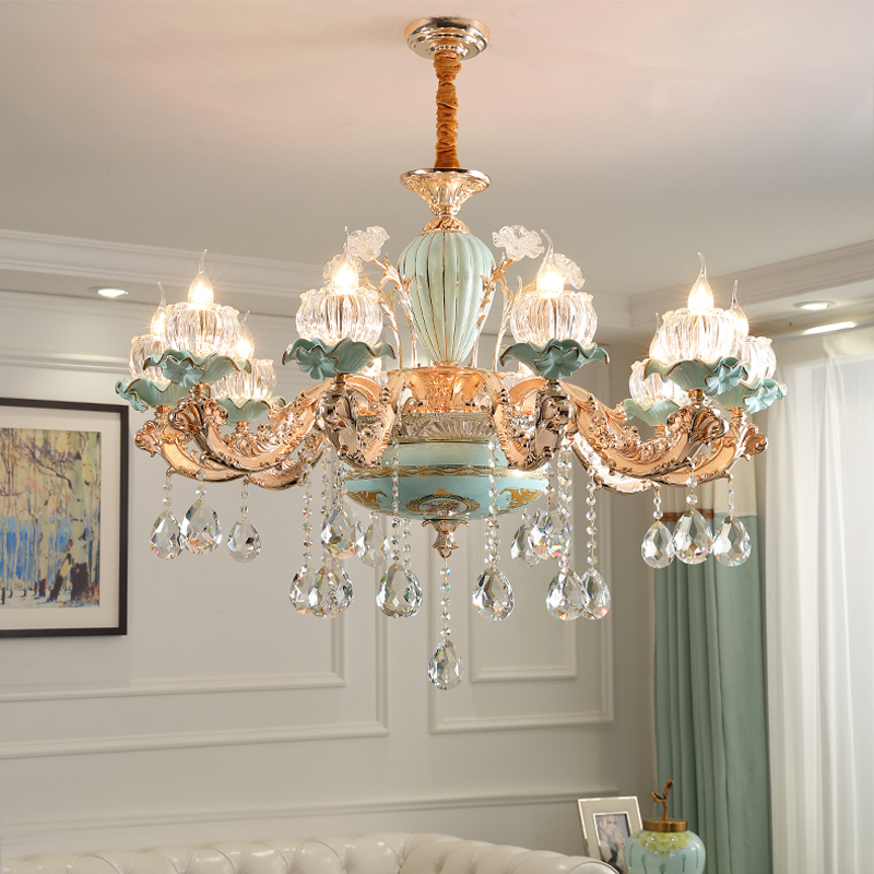 Image of New Chinese Style Ceramics Chandelier Living Room Crystal Lamps Dining Room Pendant Lights Duplex Stair Luxurious Zinc Alloy Chandeliers