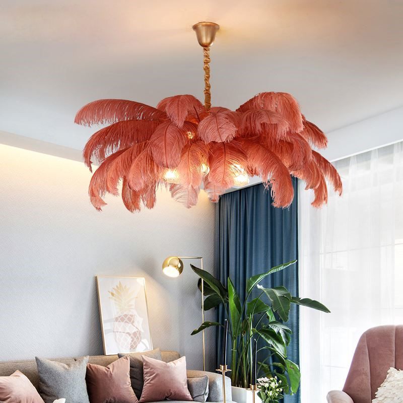 Image of Nordic Modern Chandelier Lighting Ostrich Feather Pendant Hanging Lamp Foyer Living Dinning Room Led Light Fixture Contemporary Chandeliers