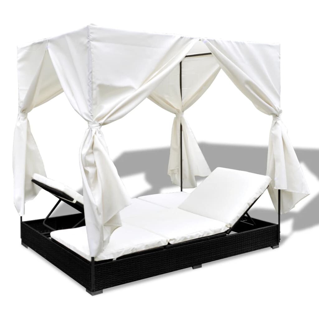 Image of Outdoor Lounge Bed with Curtains Poly Rattan Black
