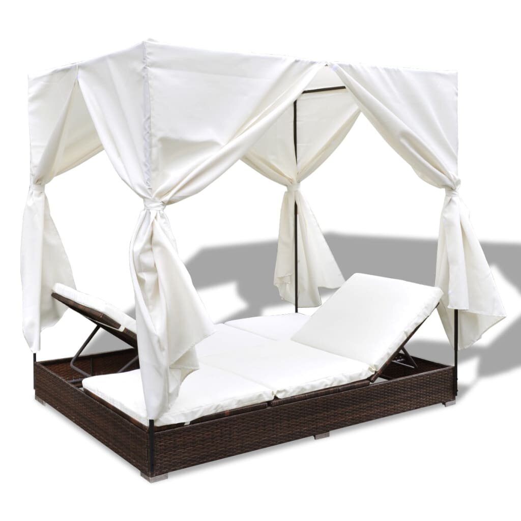 Image of Outdoor Lounge Bed with Curtains Poly Rattan Brown