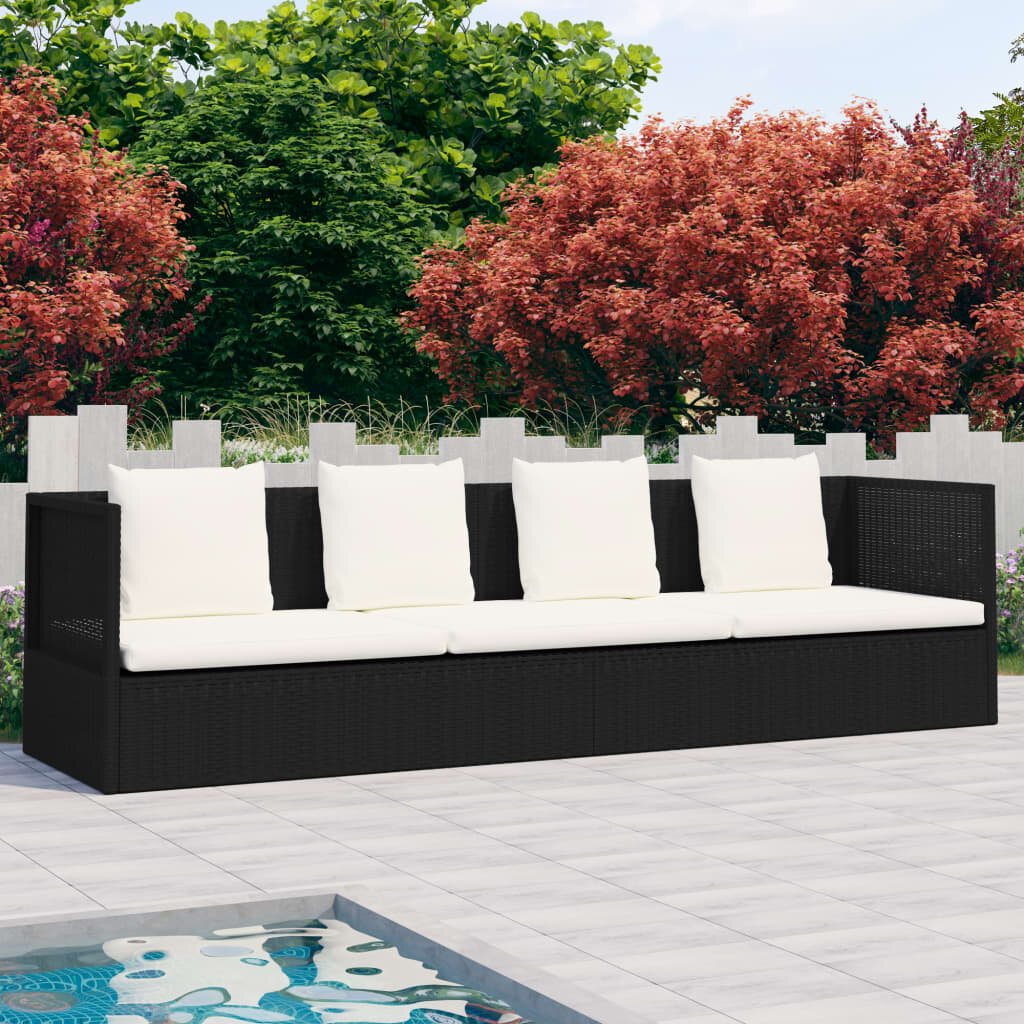 Image of Outdoor Lounge Bed with Cushion & Pillows Poly Rattan Black