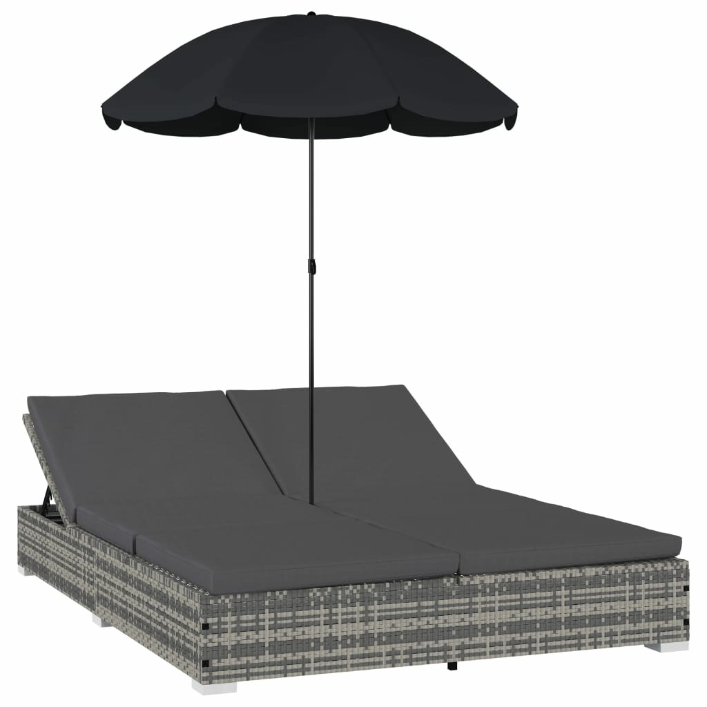 Image of Outdoor Lounge Bed with Umbrella Poly Rattan Gray